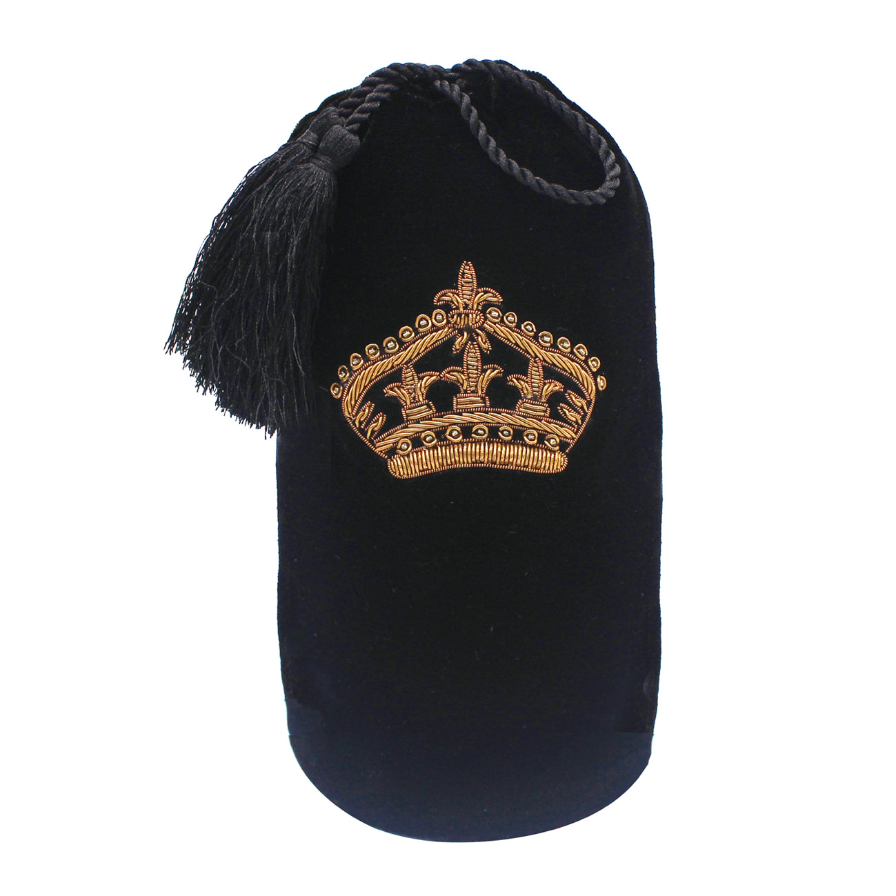 Pochon en velours noir brodé d'une couronne dorée avec cordon et pompon
