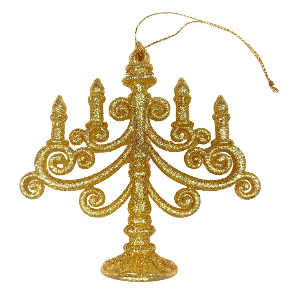 Chandelier de Noël pailleté doré à cinq branches, suspendu par un cordon