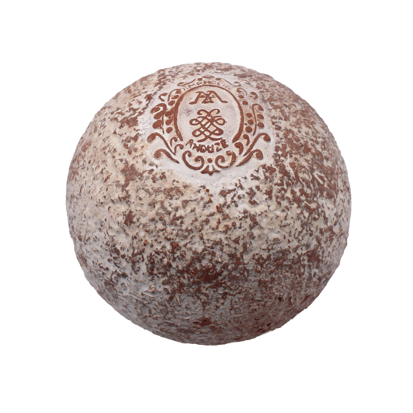 Boule parfumée en terre d'Anduze rosée cérusée avec écusson décoratif