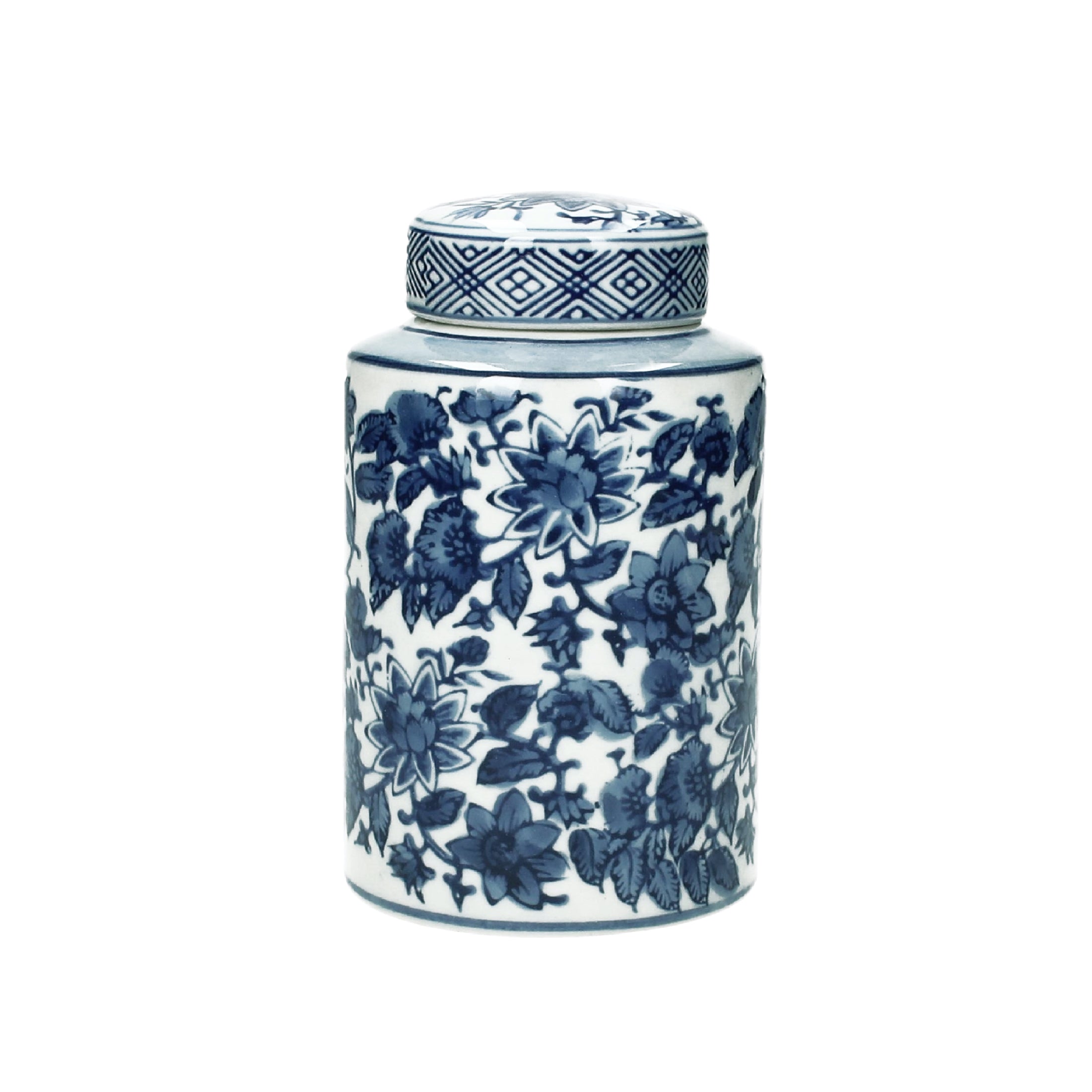 Boîte à thé en porcelaine blanche et bleue à motifs floraux avec couvercle