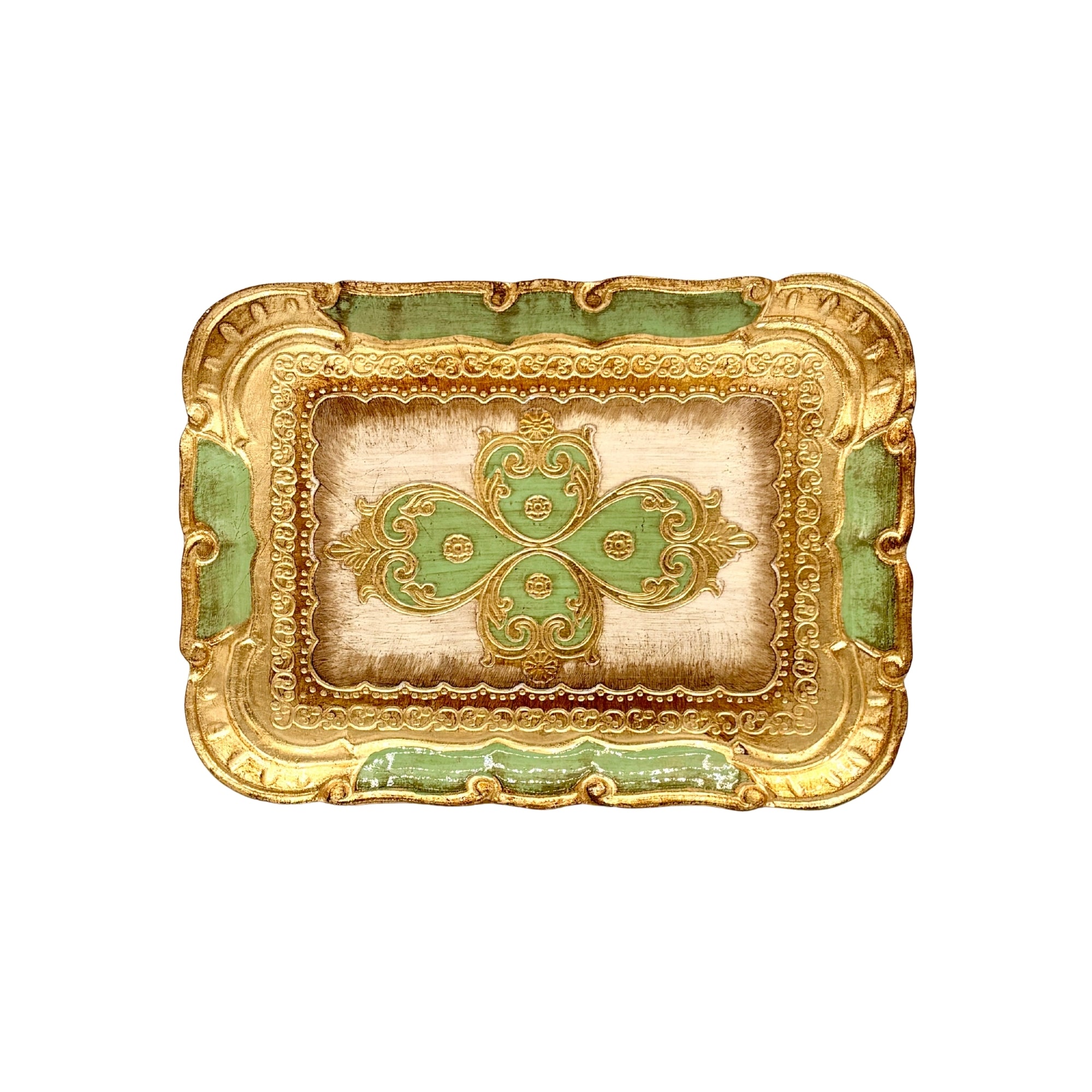 Plateau rectangulaire fait main, doré et vert, motifs baroques en relief et bords festonnés travaillés