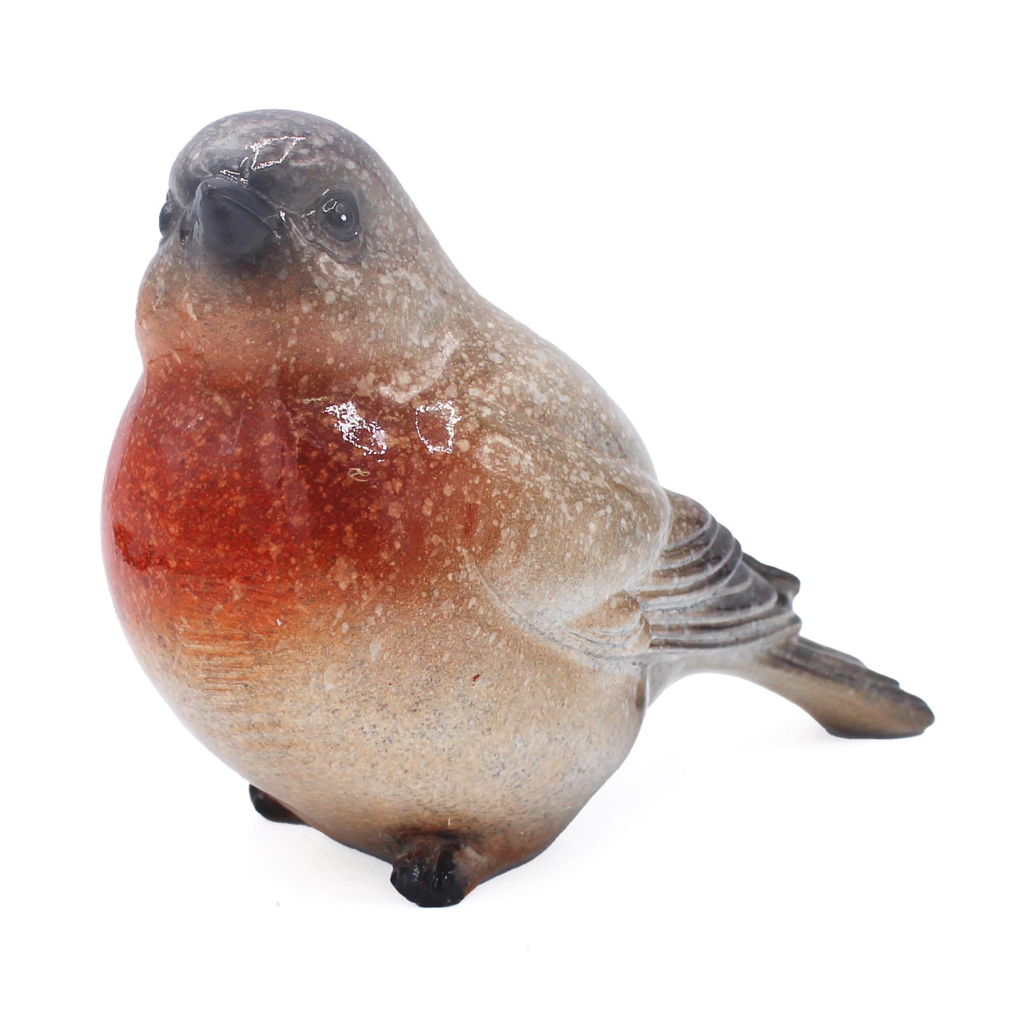 Oiseau décoratif à poser en résine gris et orange, tête sombre et queue striée