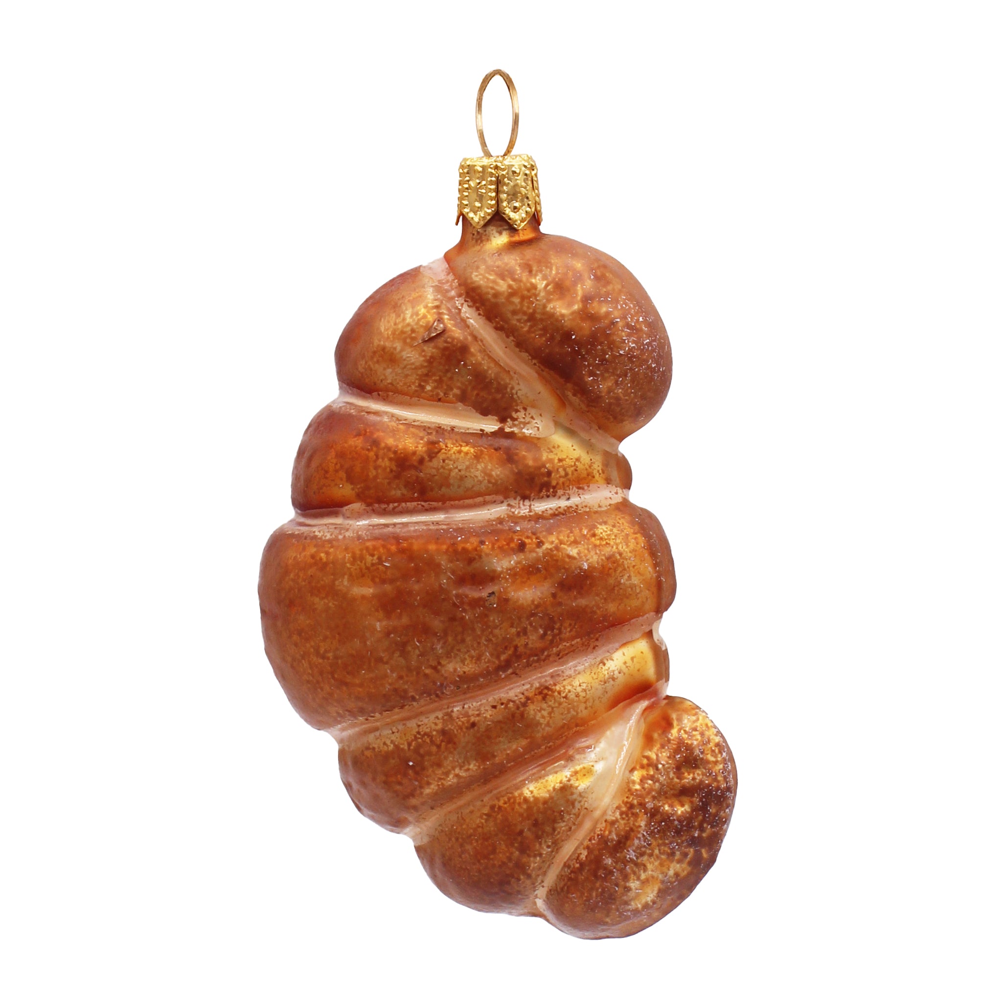Croissant décoratif en verre soufflé brun et doré, suspendu par un anneau doré