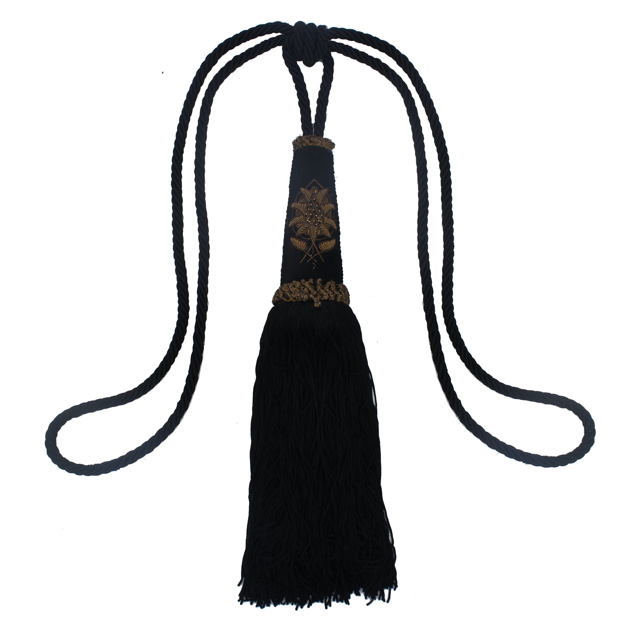 Embrasse de rideau noire en cordon torsadé avec gland brodé or et fleur sur velours