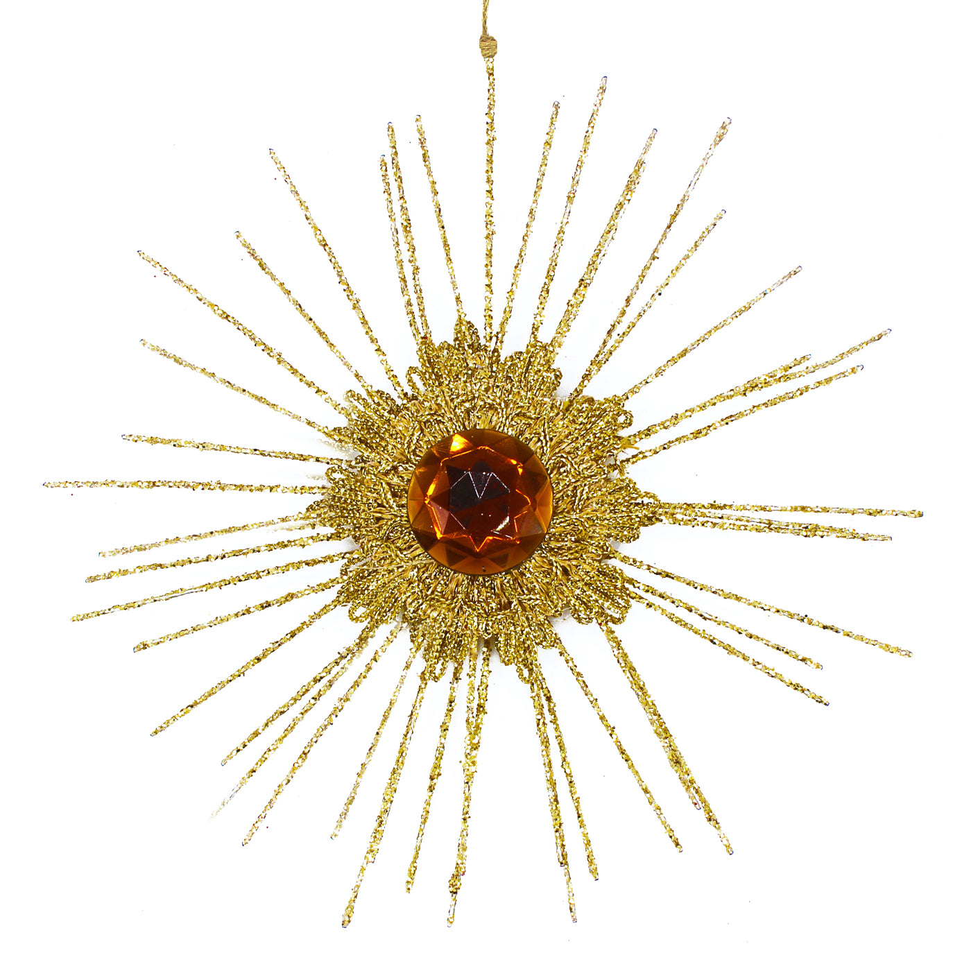 Soleil pailleté doré à suspendre avec strass ambré central et longs rayons scintillants