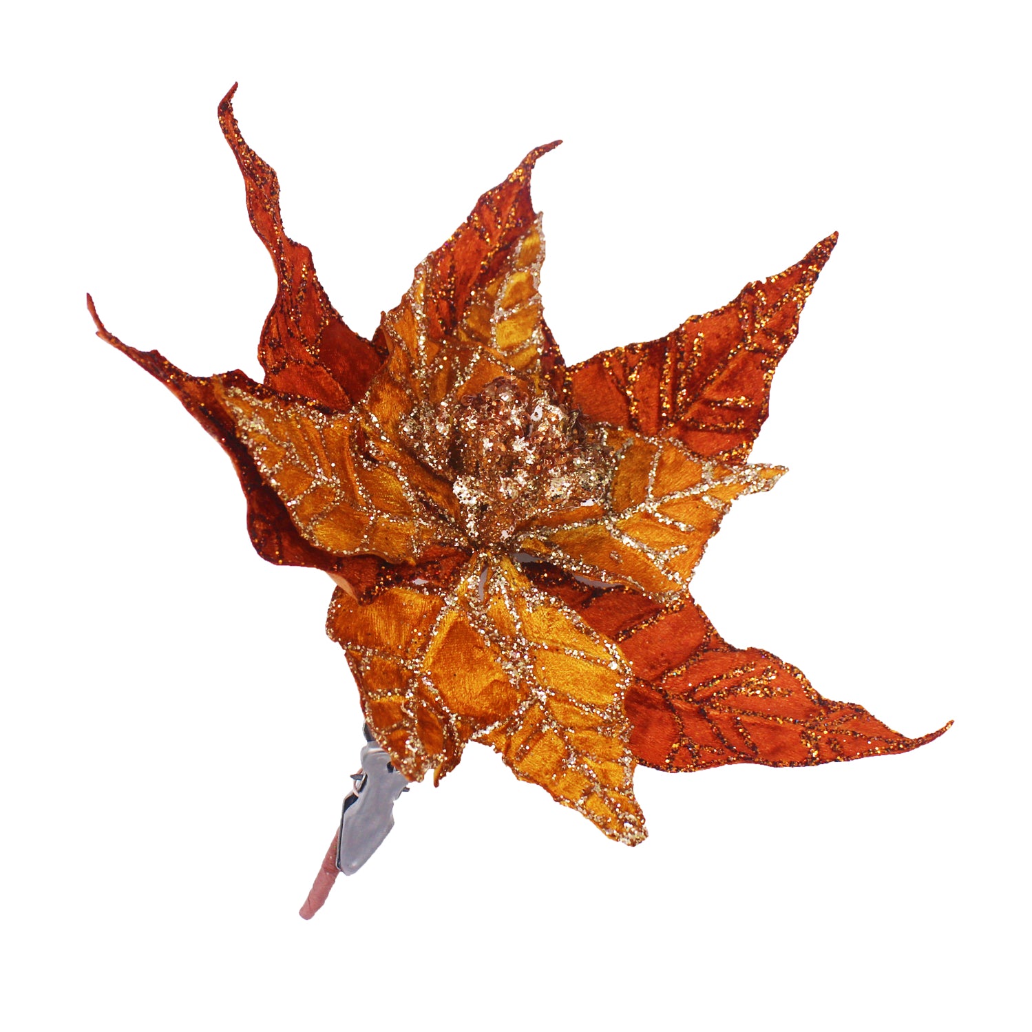 Branche sur clip avec poinsettia pailleté rouille et mordoré, feuilles dorées