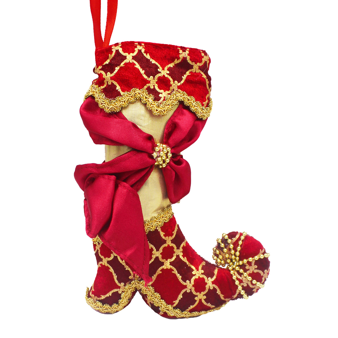 Botte de Noël rouge en velours et broderies dorées, nœud satiné et perles