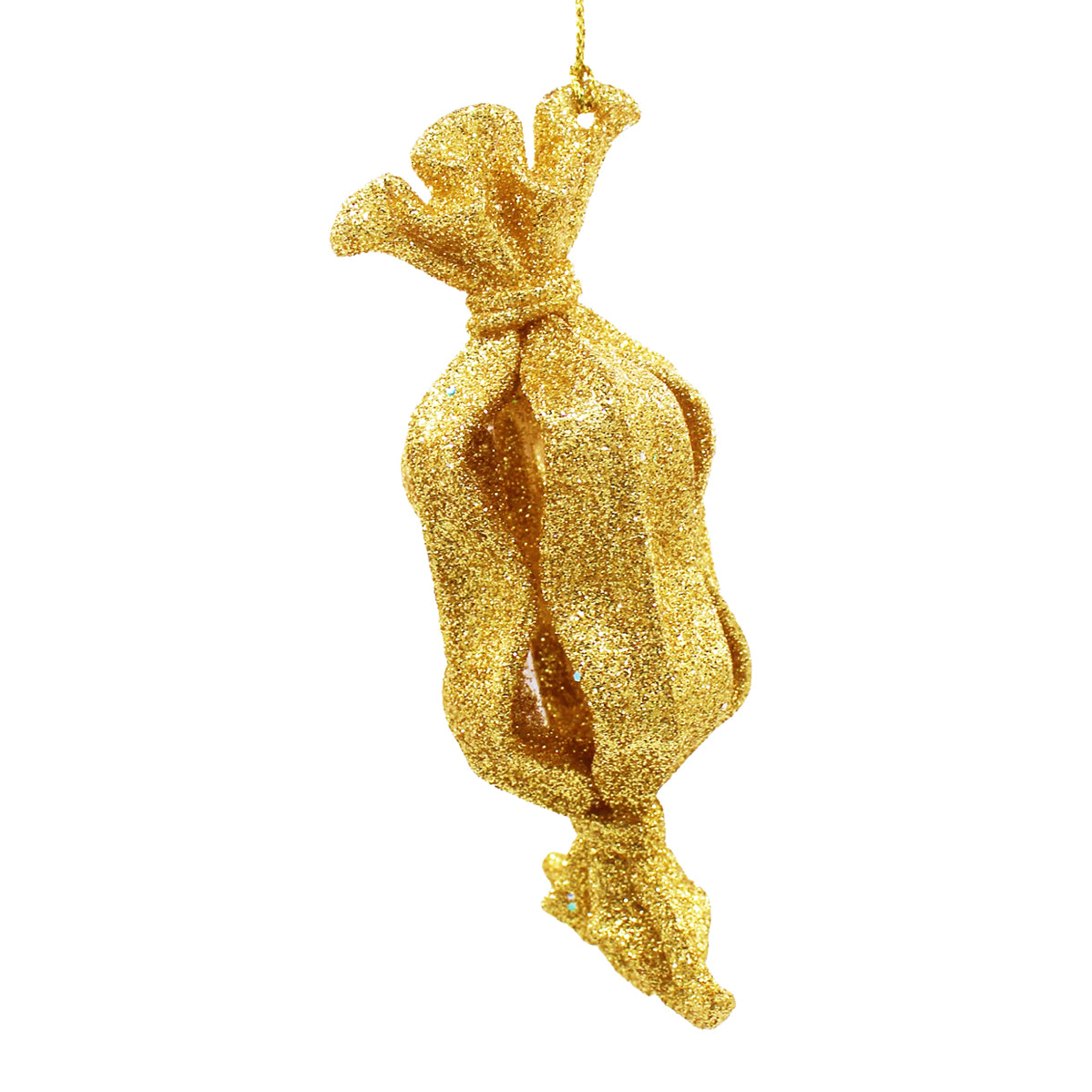 Bonbon long pailleté doré à suspendre avec noués aux extrémités