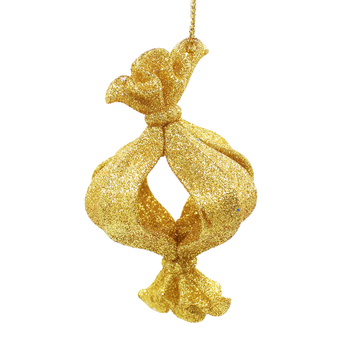 Bonbon de Noël rond à suspendre en paillettes dorées, ruban noué
