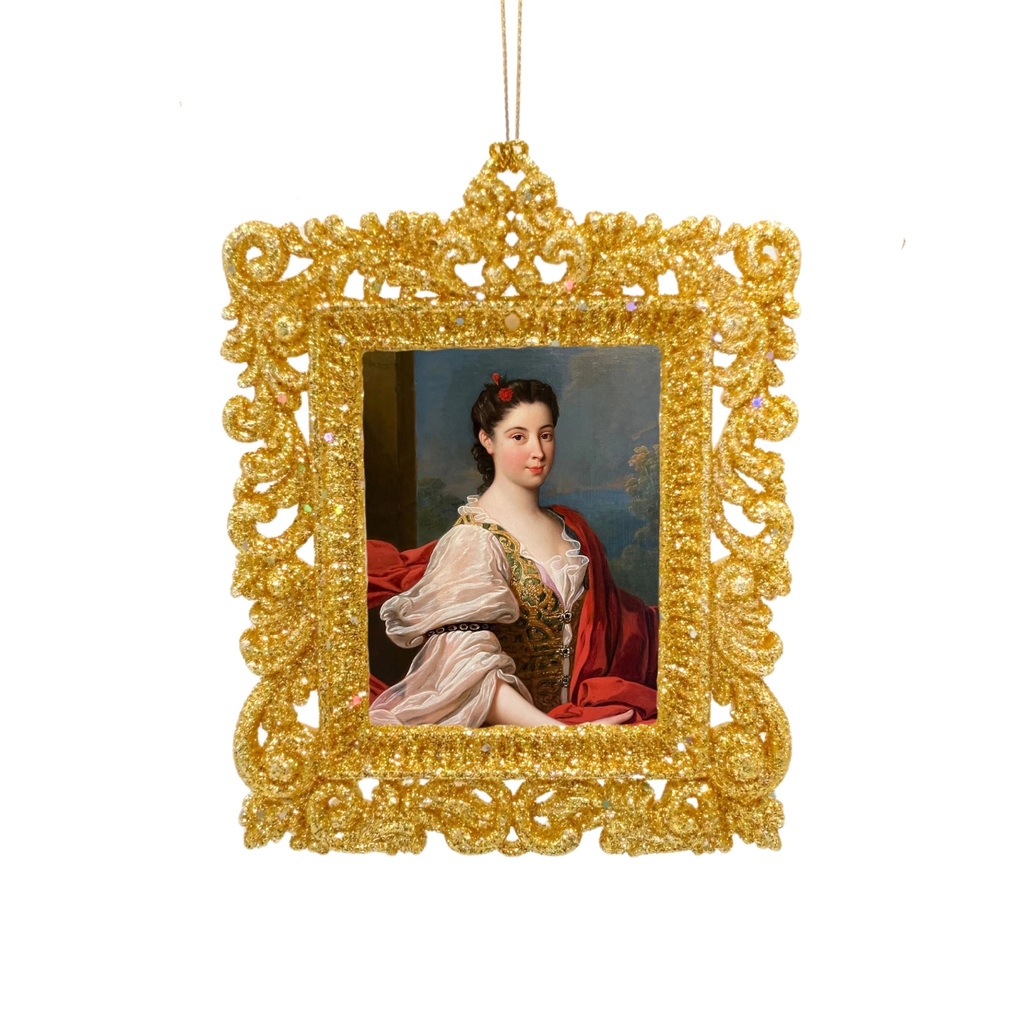 Cadre photo rectangle doré pailleté avec motifs baroques ajourés et attache suspendue, style décoratif brillant