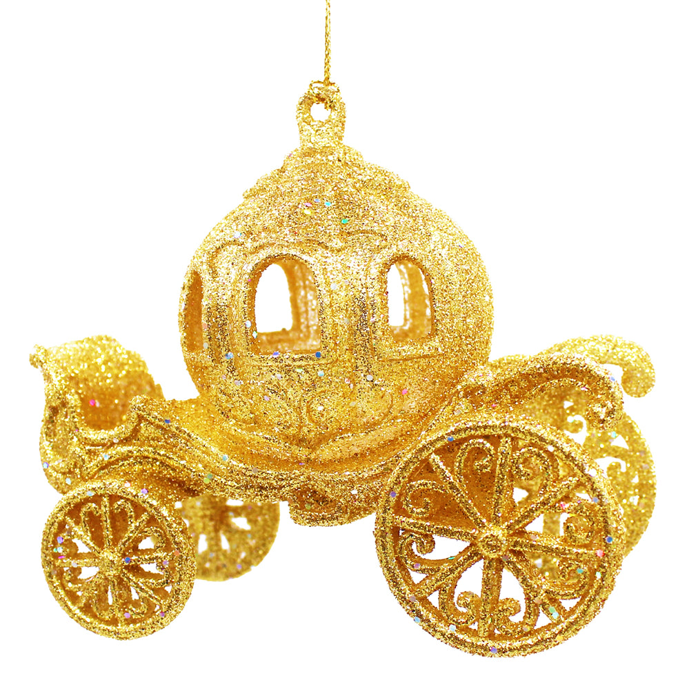 Carrosse de Cendrillon doré pailleté à suspendre, avec roues ajourées