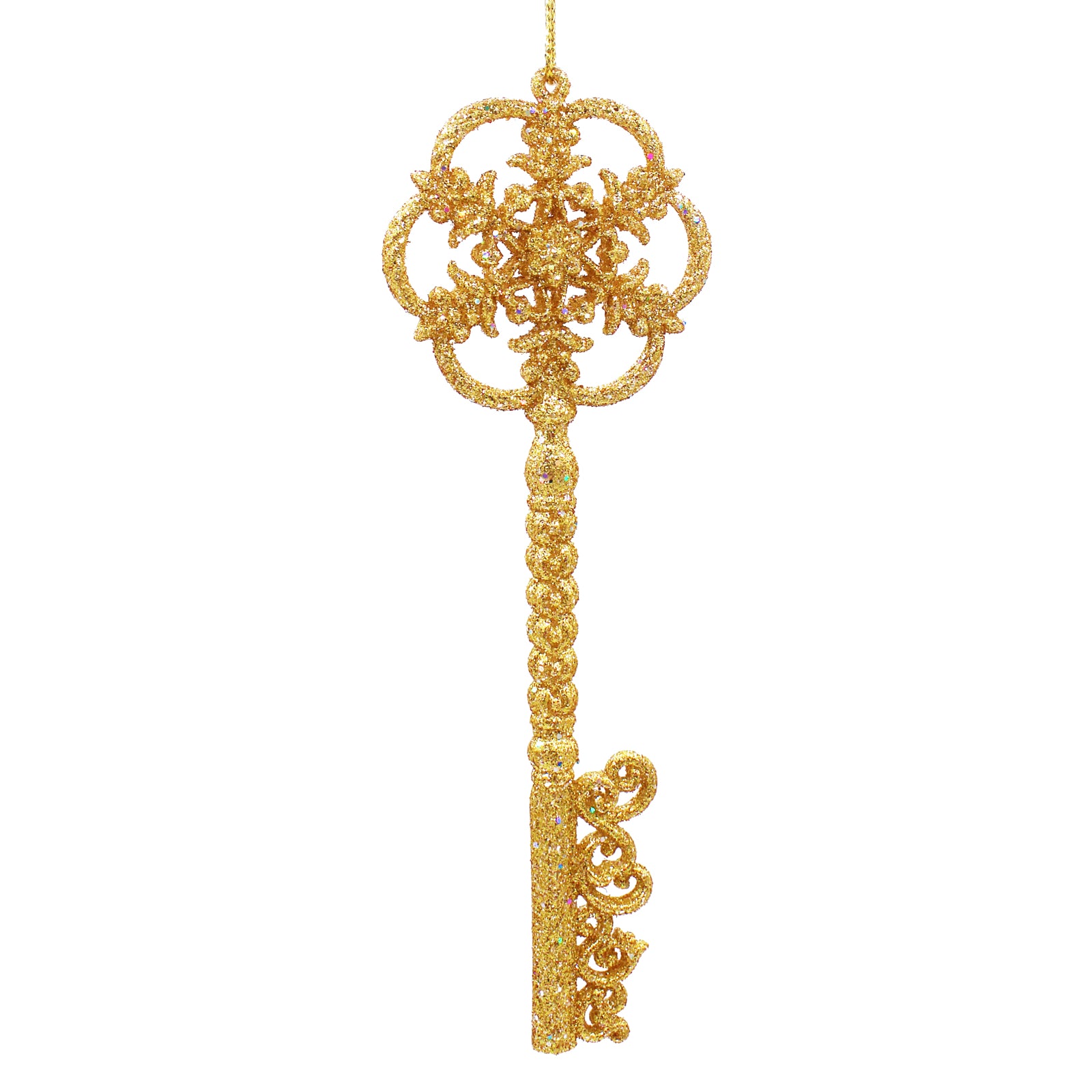 Clef décorative pailletée dorée à suspendre, ornée de motifs ajourés