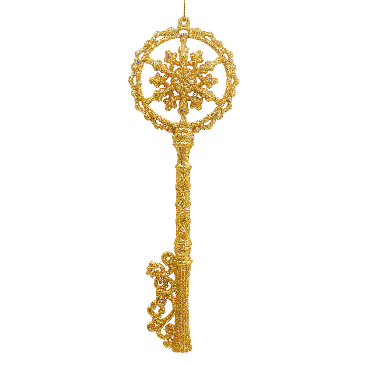 Clef décorative pailletée dorée à suspendre, motif flocon dans un médaillon
