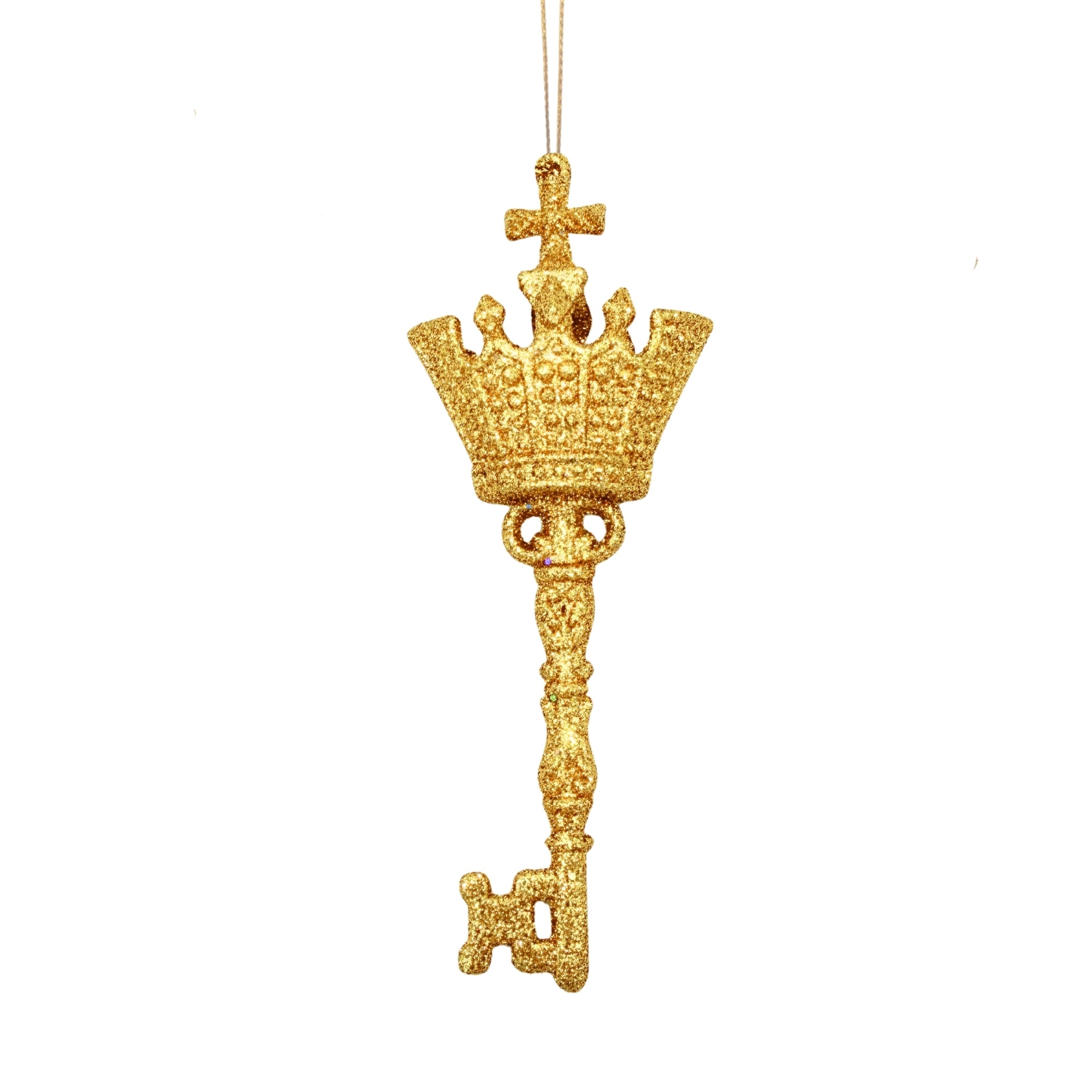 Clef royale dorée pailletée avec couronne et cordon de suspension