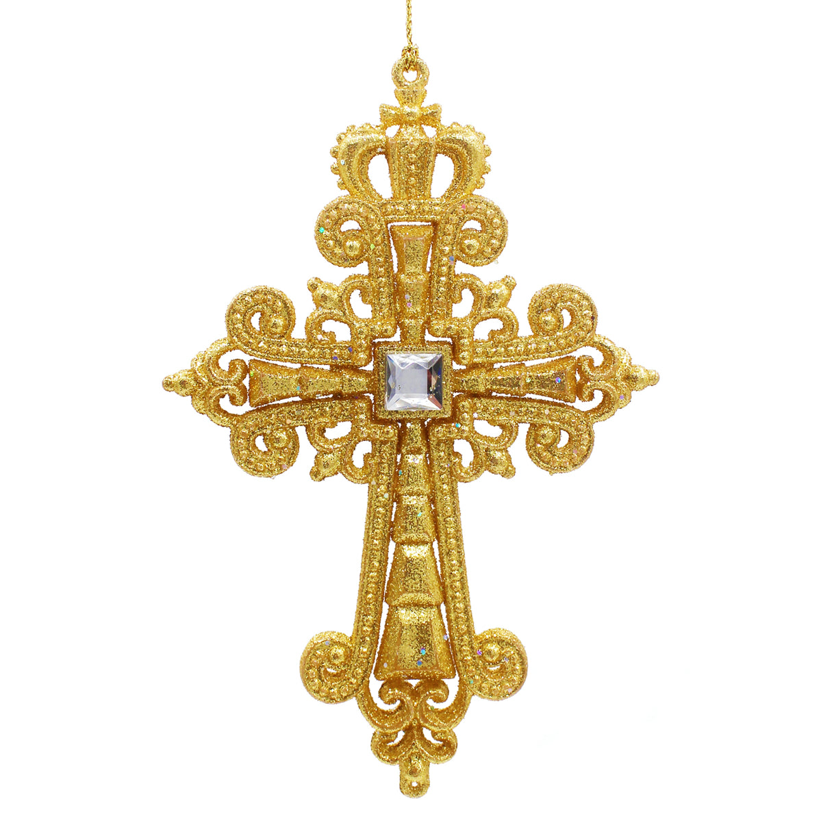 Croix de Noël pailletée dorée à motifs ouvragés avec strass carré central