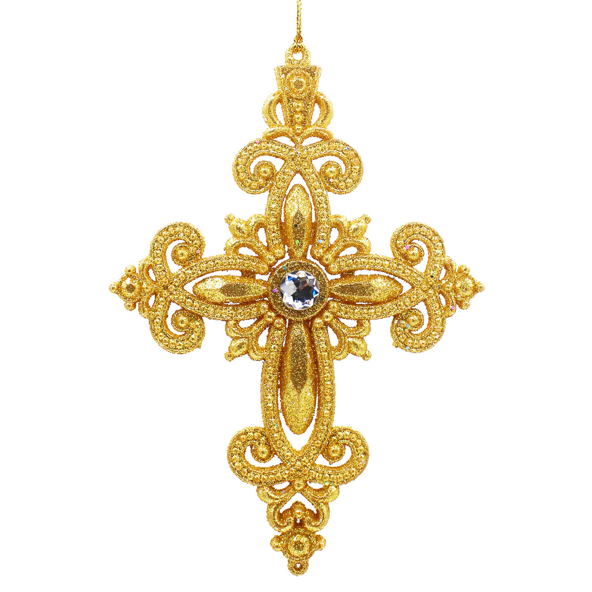 Croix décorative pailletée dorée à suspendre avec motif ajouré et strass central