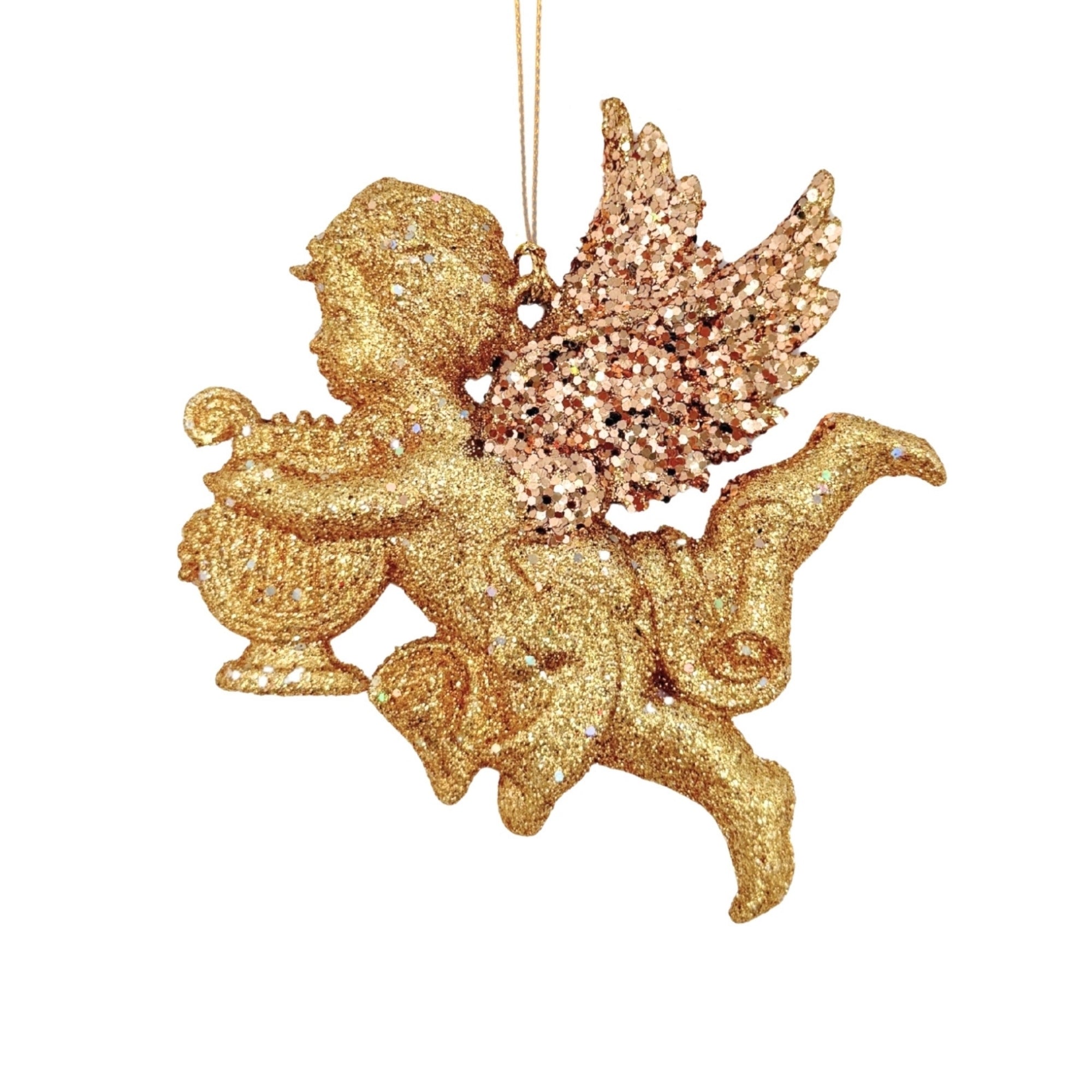 Suspension décorative pailletée Cupidon doré à la lyre, ailes scintillantes et finition glitter