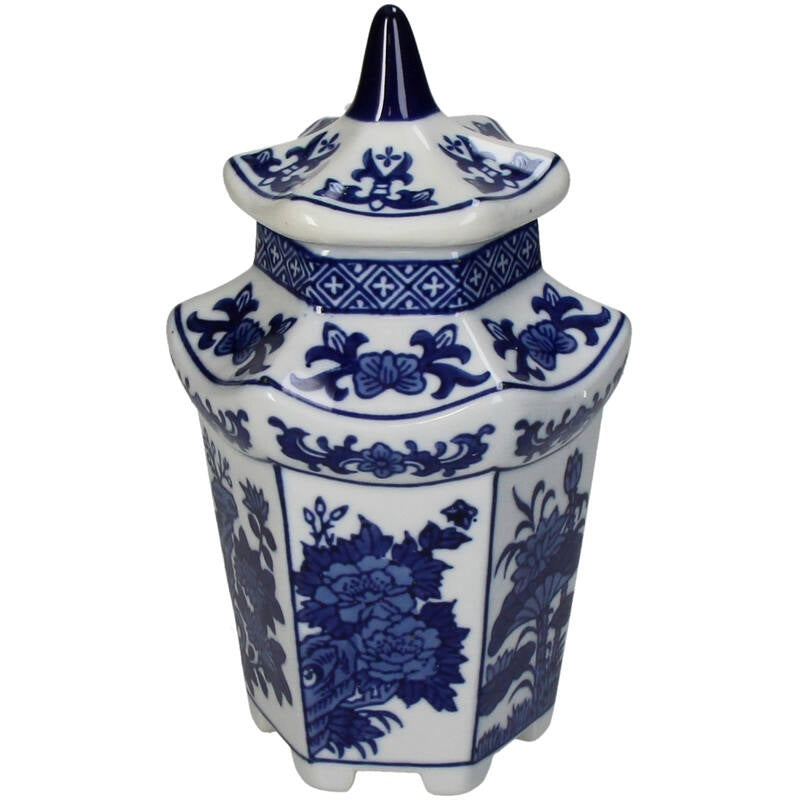 Boîte en porcelaine blanche et bleue avec couvercle, motifs floraux et forme hexagonale décorative