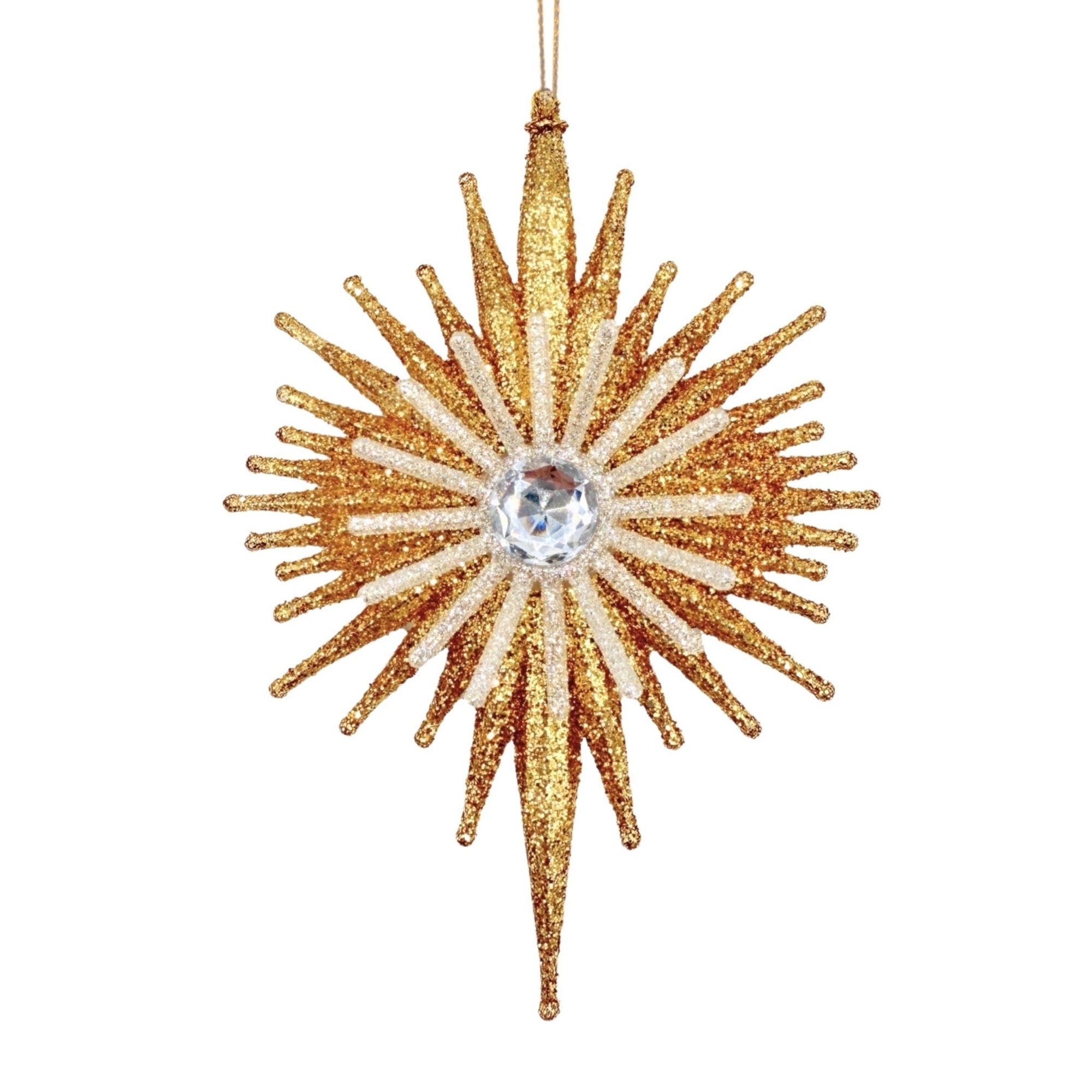 Etoile polaire suspendue pailletée dorée et argentée avec centre cristal