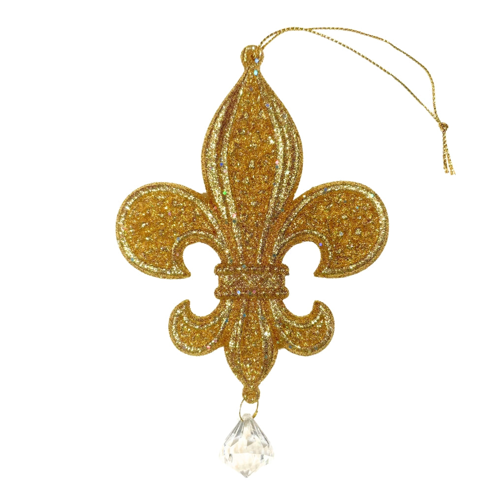 Fleur de lys dorée pailletée avec pampille en cristal transparent suspendue