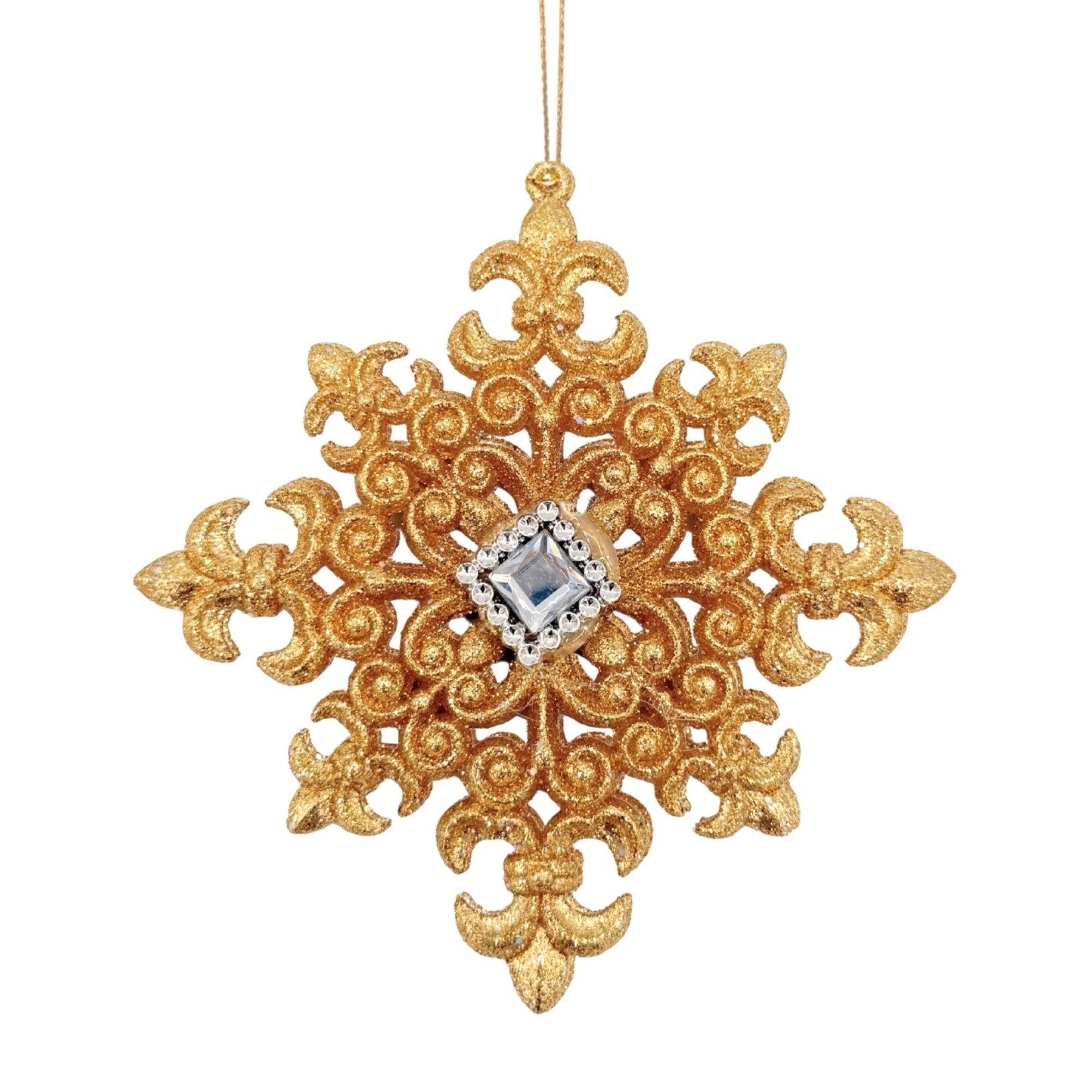 Flocon de Noël pailleté doré à motifs de fleurs de lys, avec cabochon central