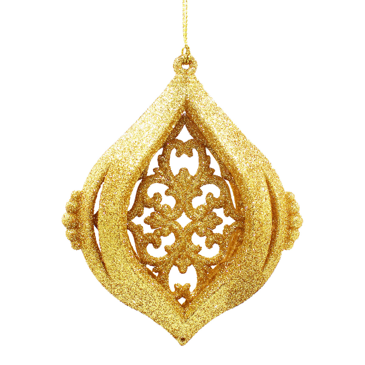 Décoration de Noël en forme de goutte pailletée dorée à motifs baroques ajourés