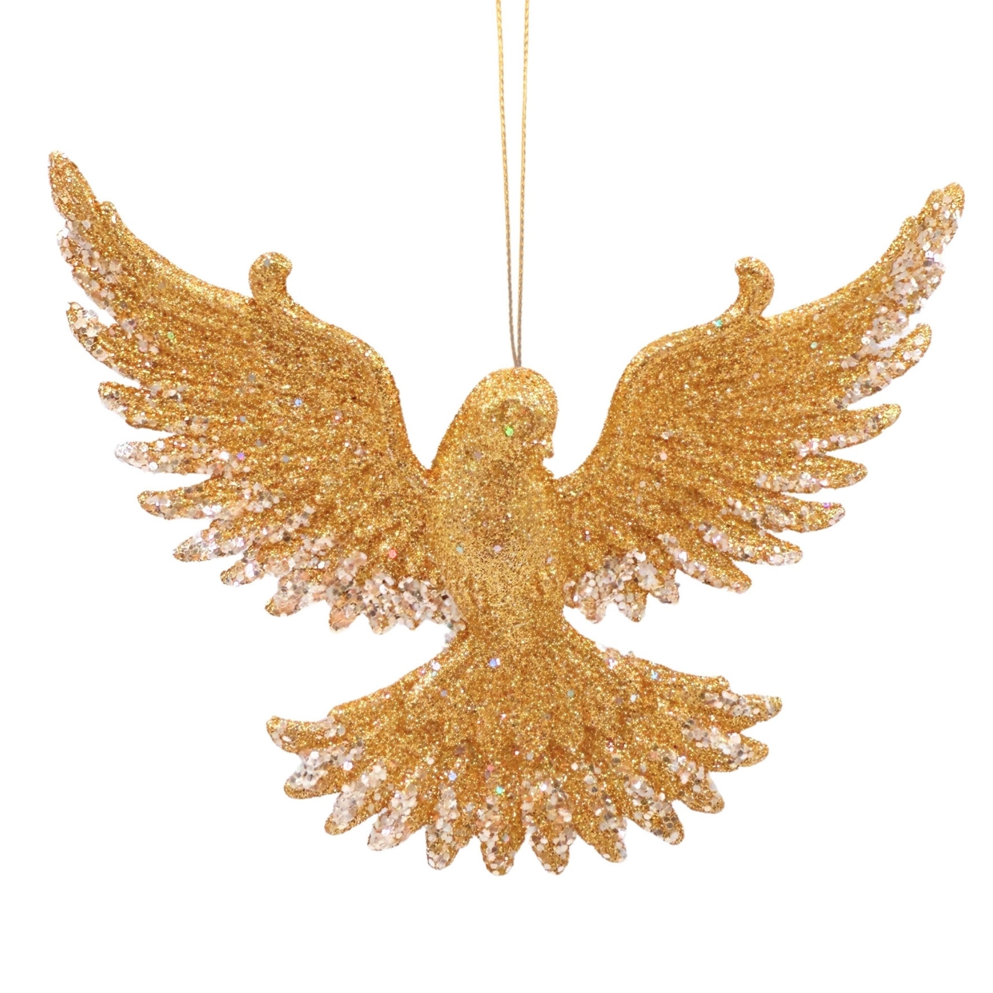 Hirondelle décorative dorée en paillettes avec ailes déployées et attache à suspendre