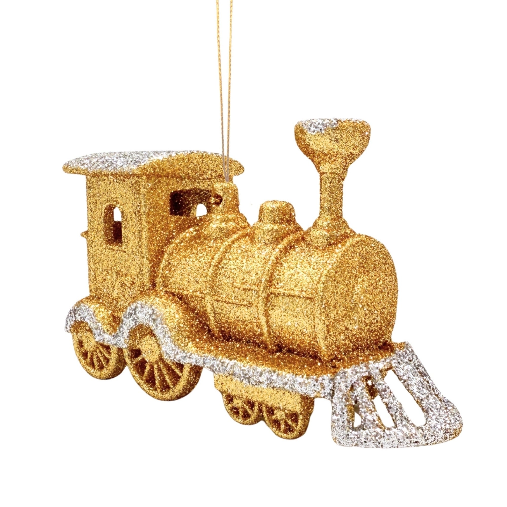 Petit train de Noël pailleté doré et argenté, locomotive suspendue avec roues décoratives