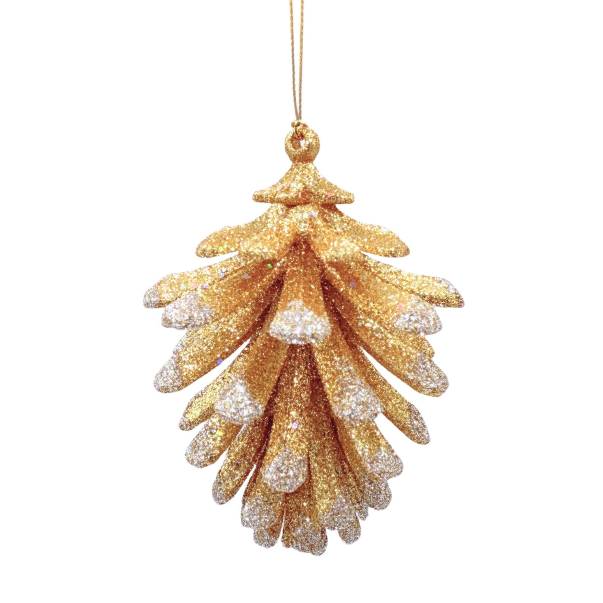 Pomme de pin décorative dorée à paillettes avec pointes argentées, suspendue par un fil