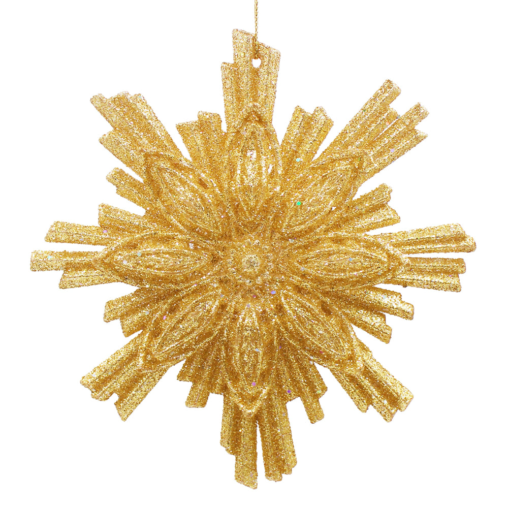 Flocon de Noël pailleté doré à suspendre, avec branches rayonnantes scintillantes