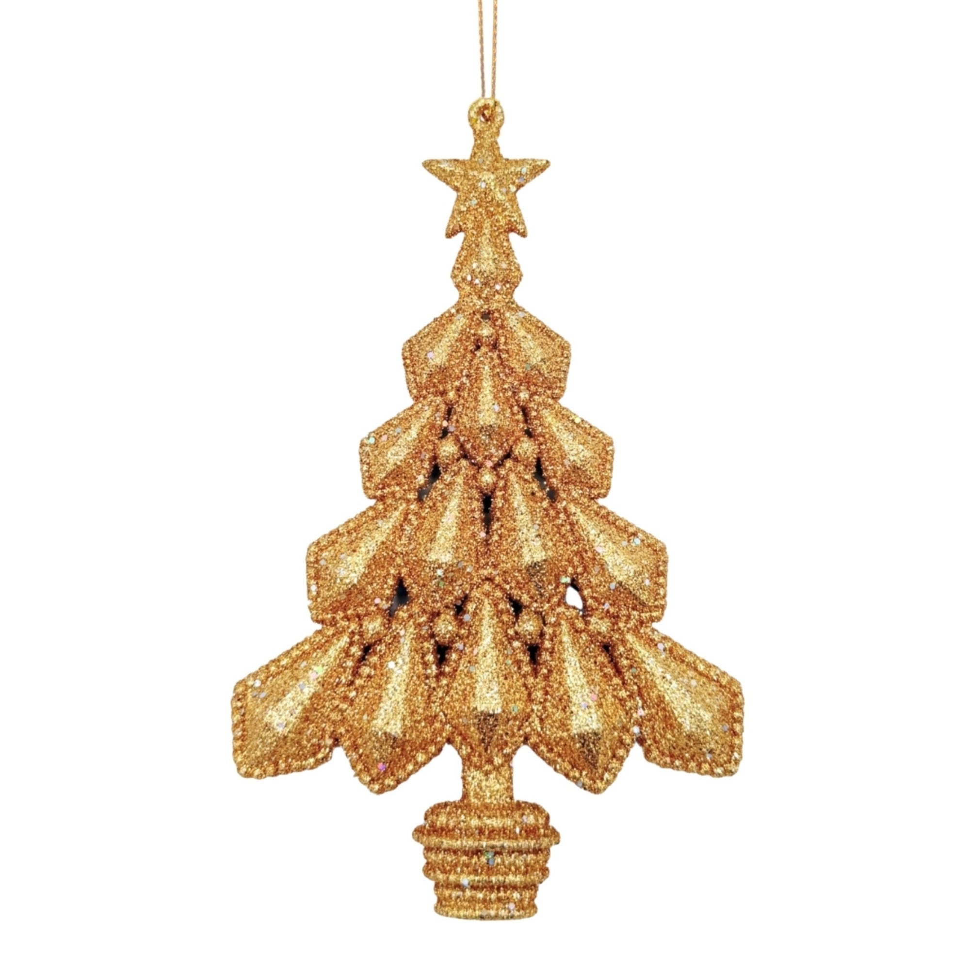 Sapin de Noël pailleté doré à suspendre avec étoile et base striée