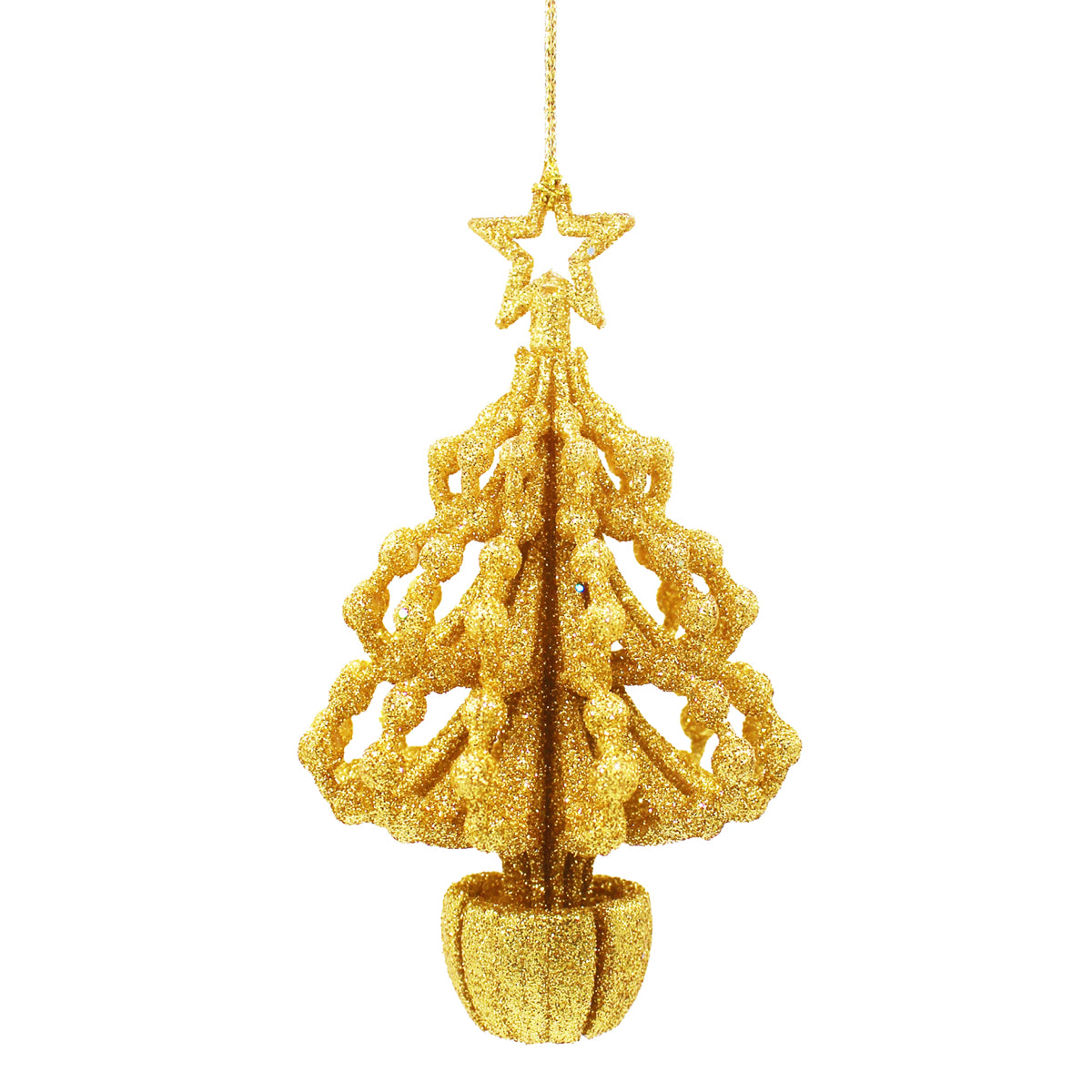 Sapin de Noël pailleté doré à suspendre avec étoile et pot décoratif