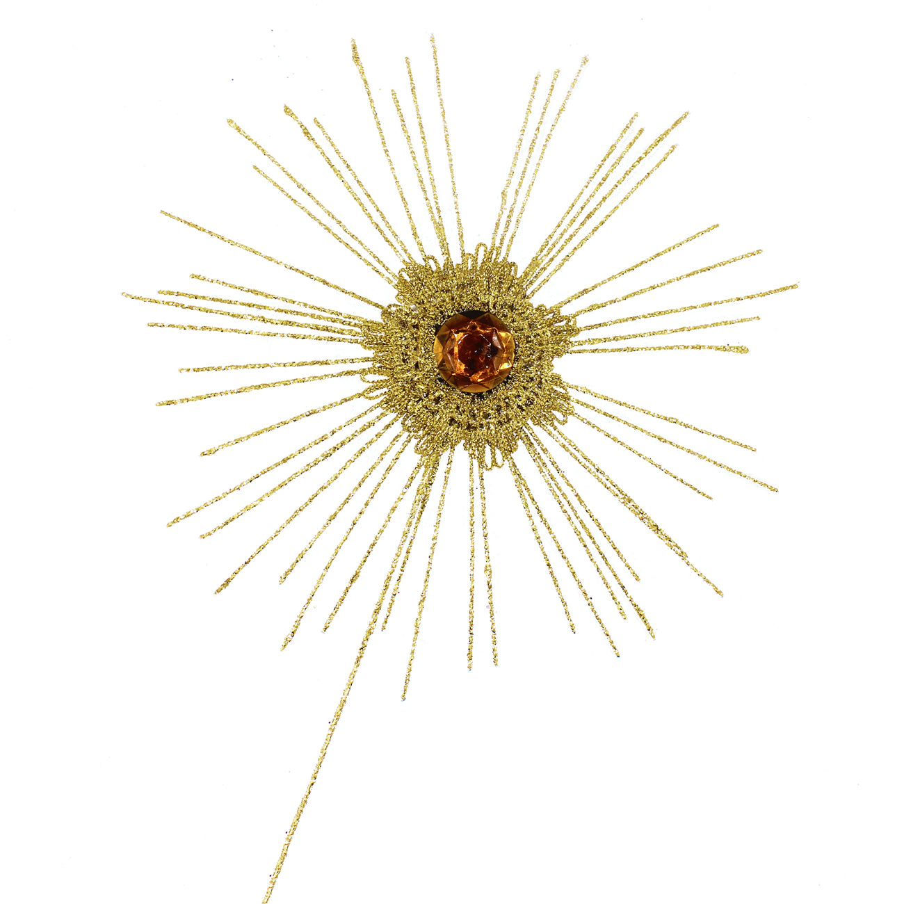 Soleil décoratif pailleté doré avec longues branches rayonnantes et cabochon ambré