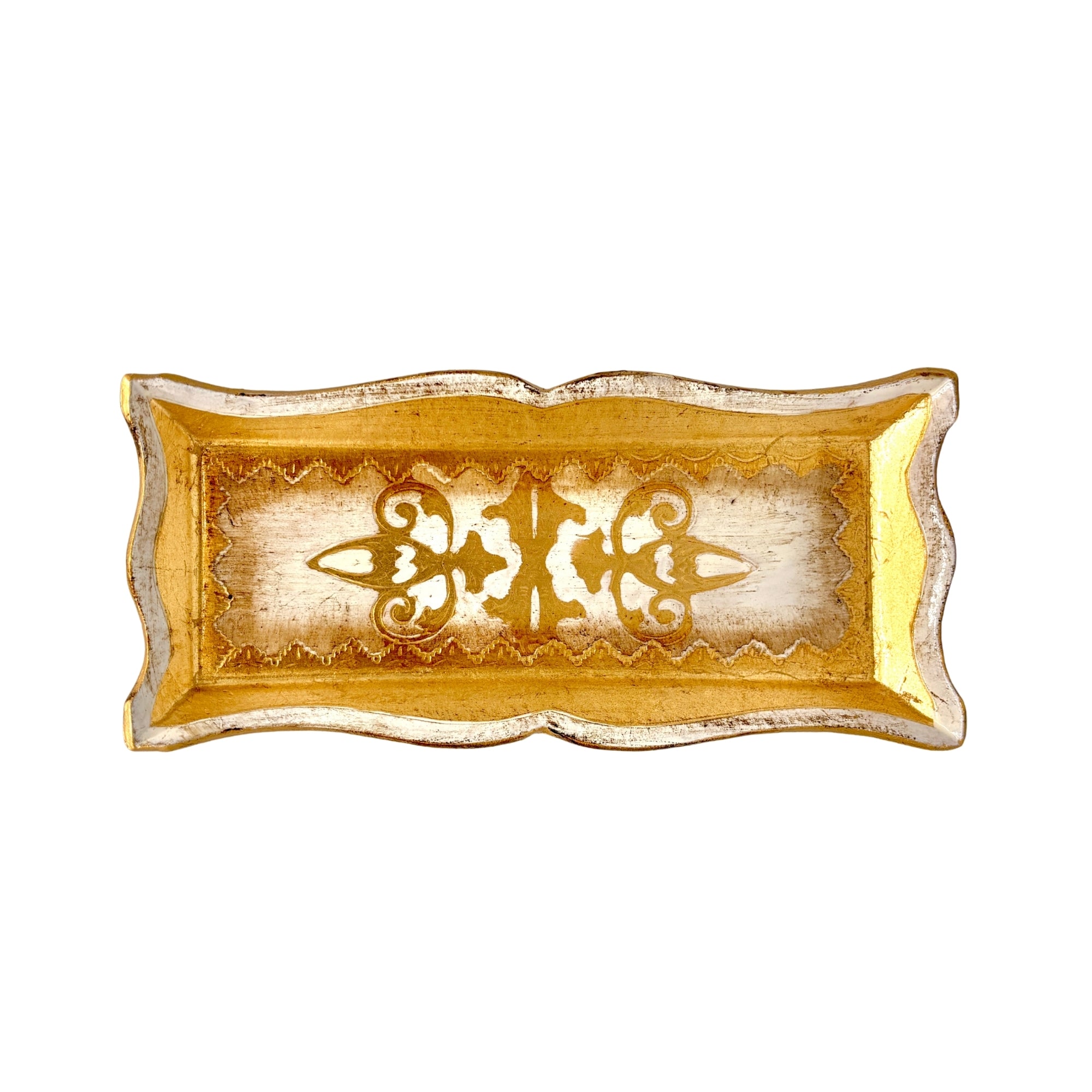 Vide-poche rectangulaire blanc et doré, finition patinée avec motifs baroques et bords ondulés décoratifs