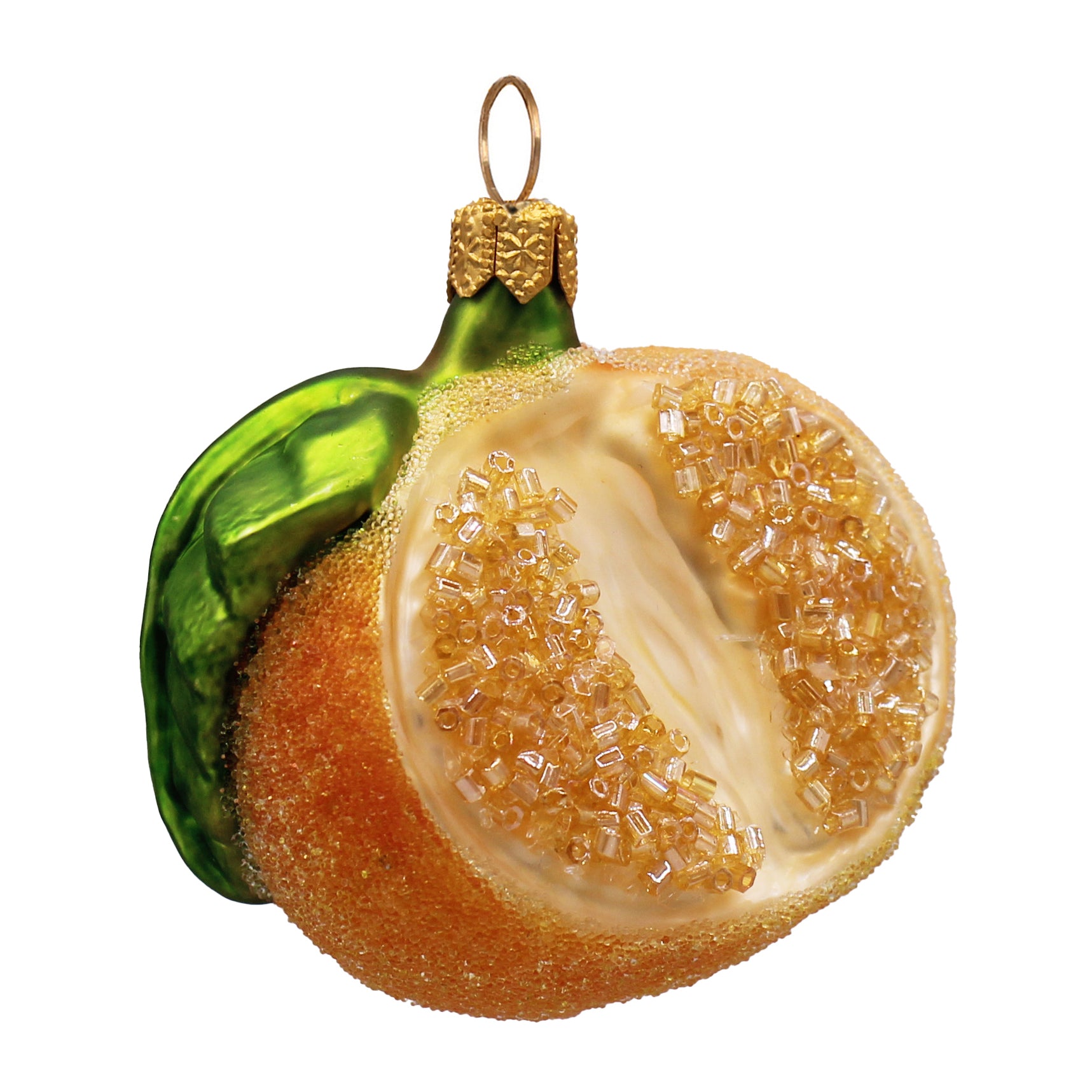 Moitié de mandarine en verre soufflé orange et vert, garnie de perles dorées à suspendre