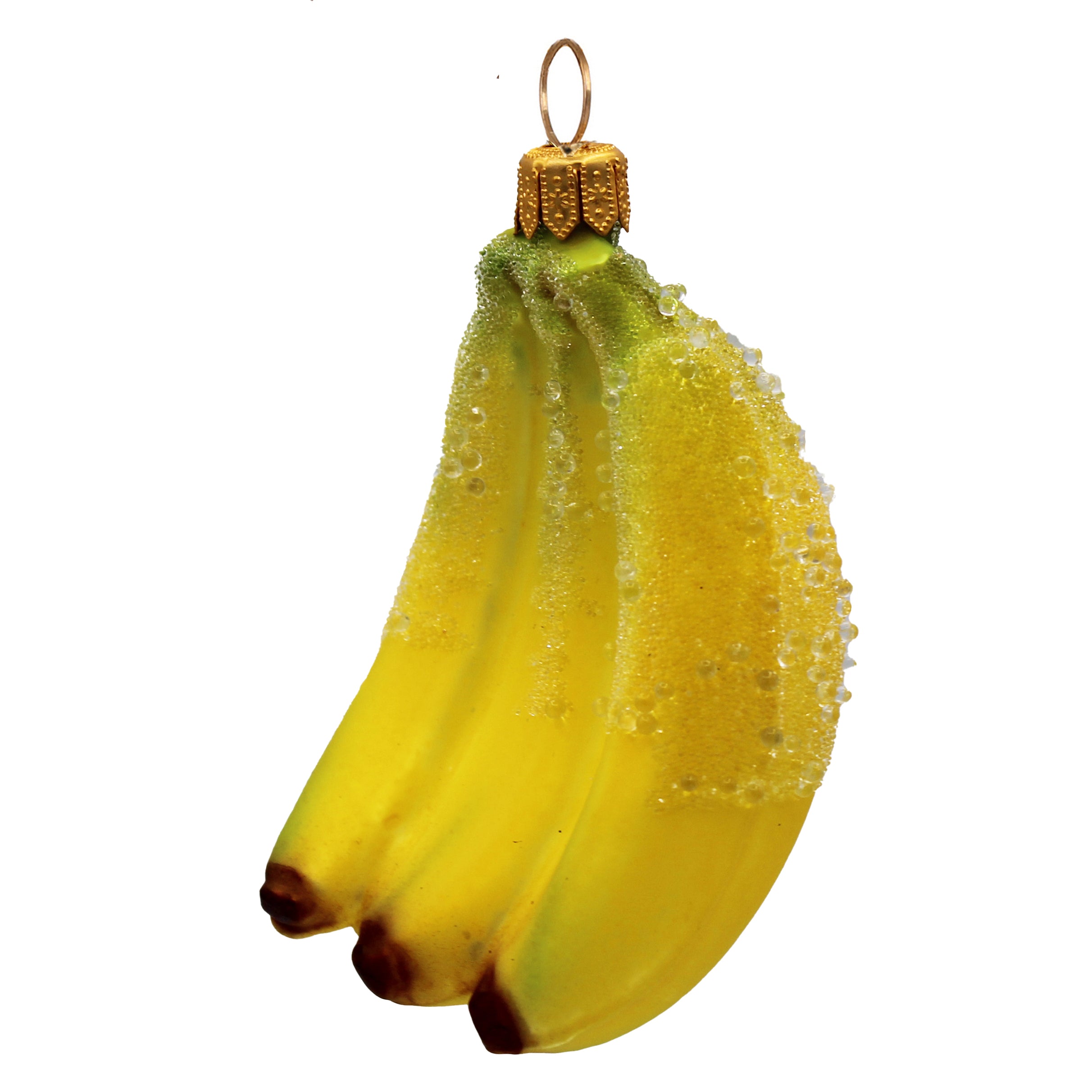 Bananes givrées en verre soufflé jaune et doré, trois fruits à suspendre