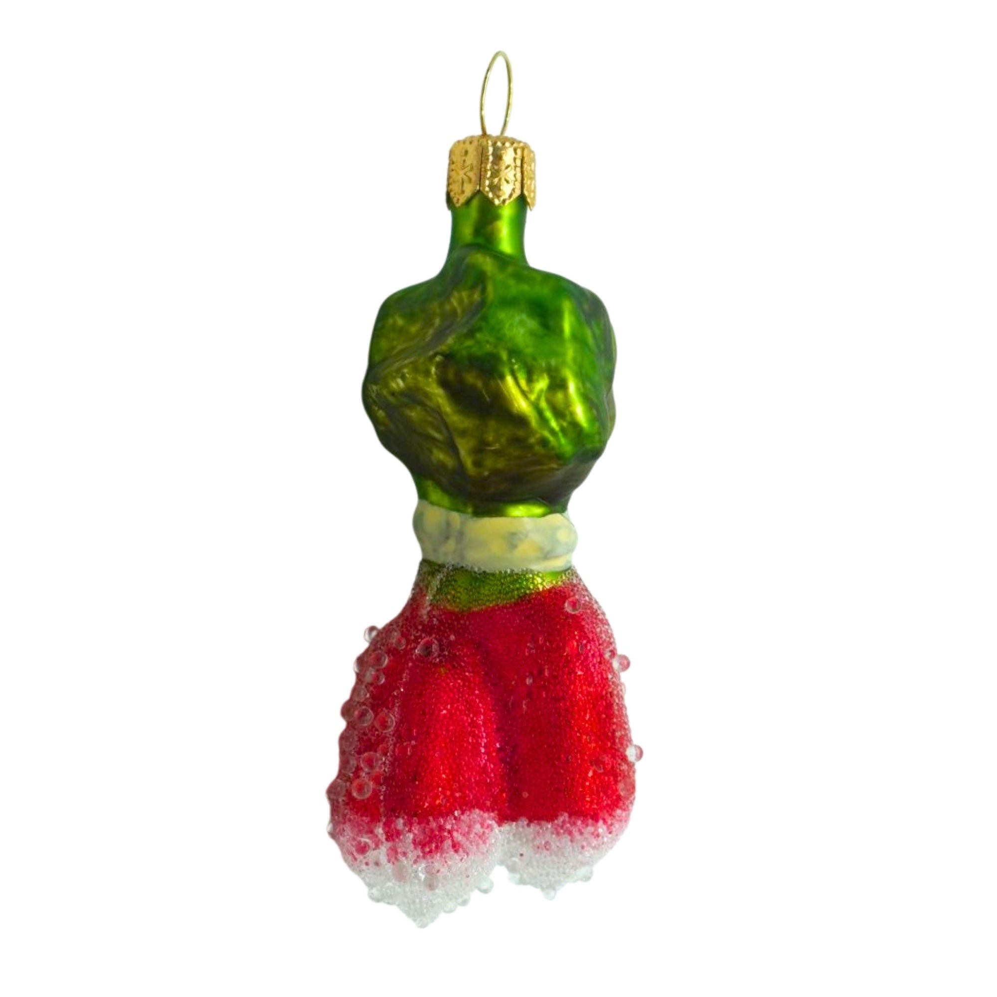 Radis en verre soufflé rouge et vert avec stries, perles transparentes et boucle dorée