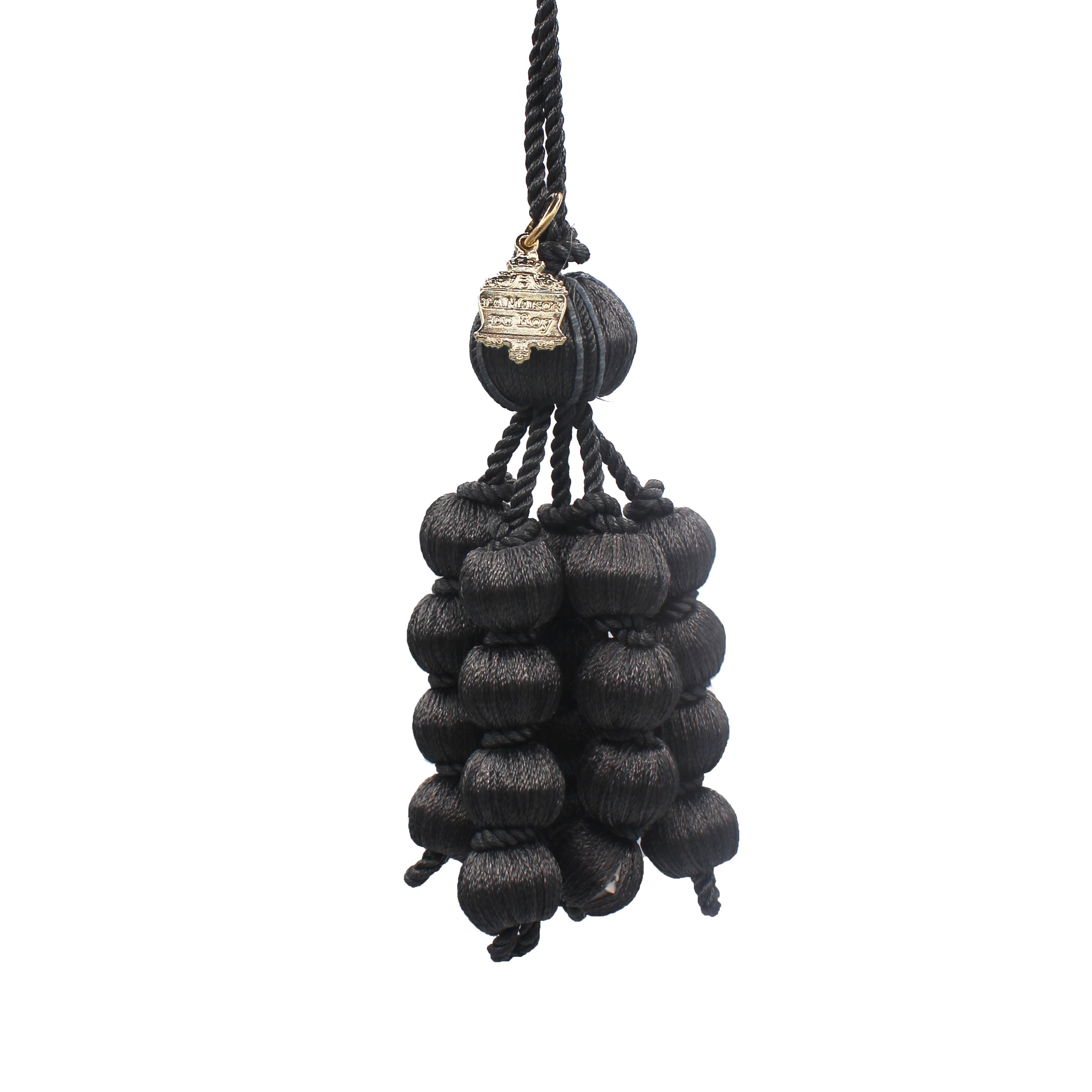 Pompon de suspension en coton gris anthracite à boules tressées et écusson doré