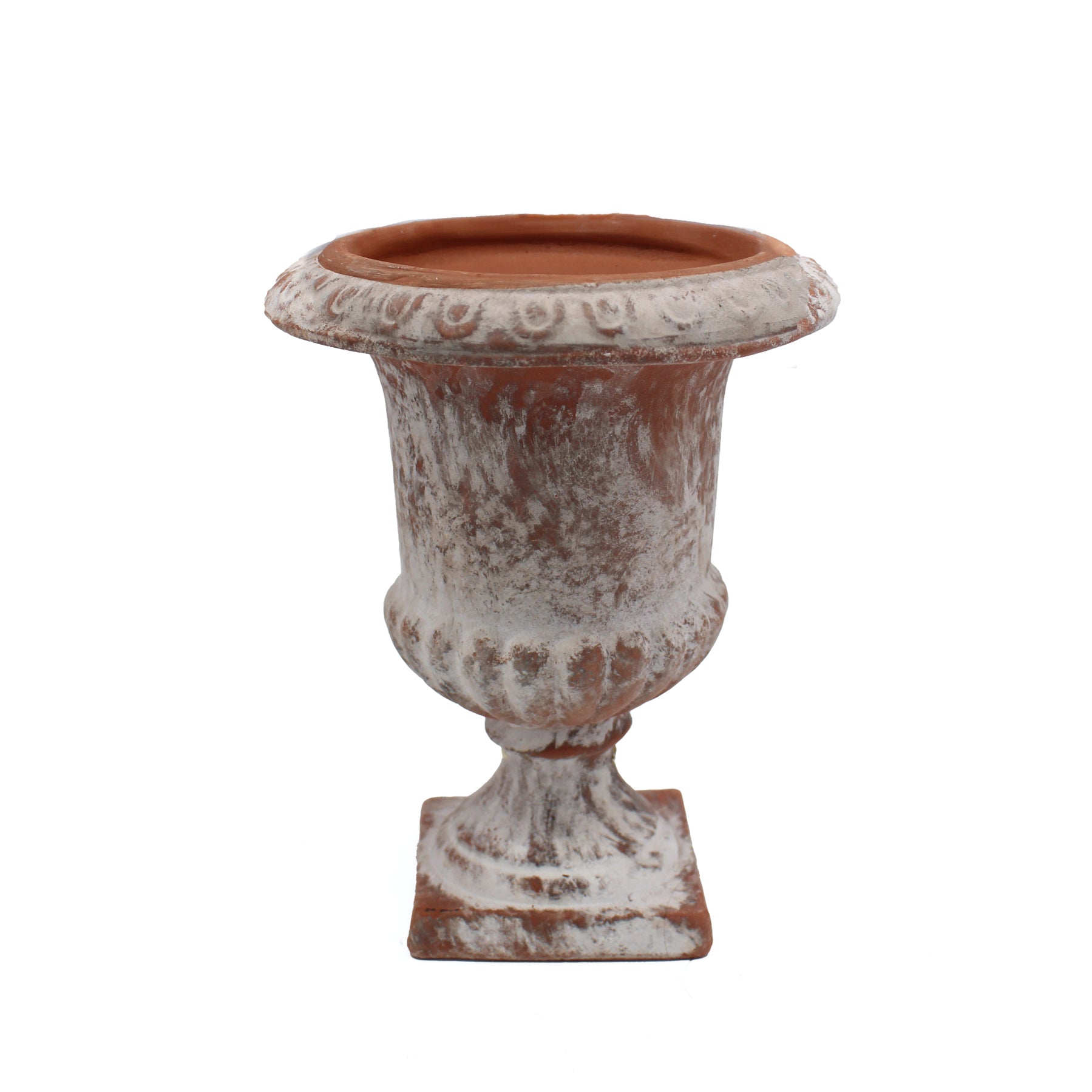 Vase Médicis en terre d'Anduze rosée, patine cérusée blanche, sur piédouche carré