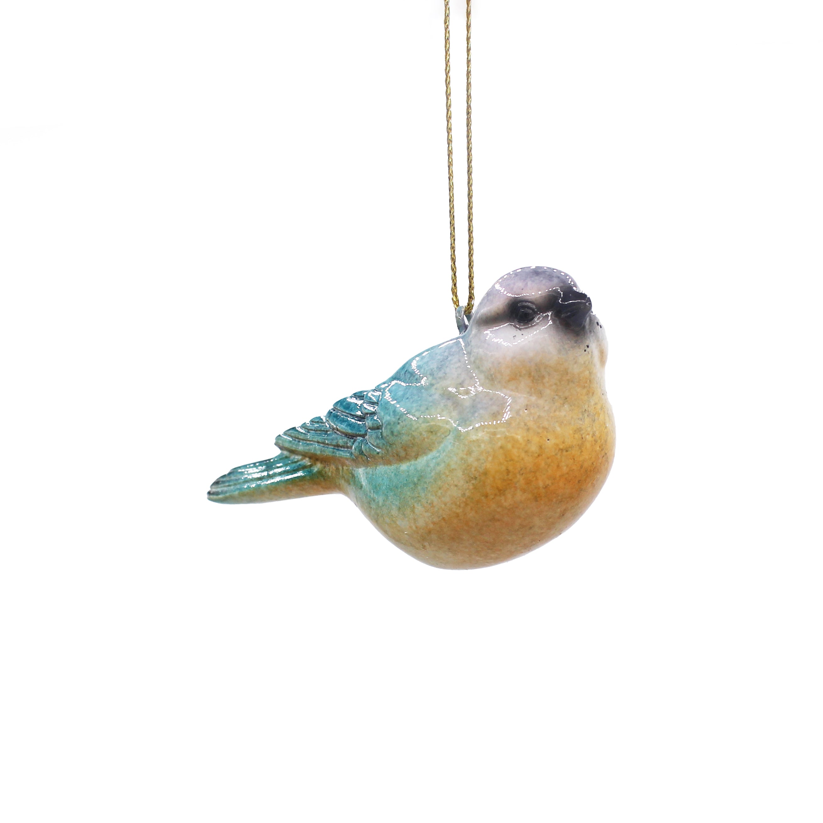 Oiseau à suspendre en résine bleu, orange et violet avec cordon doré