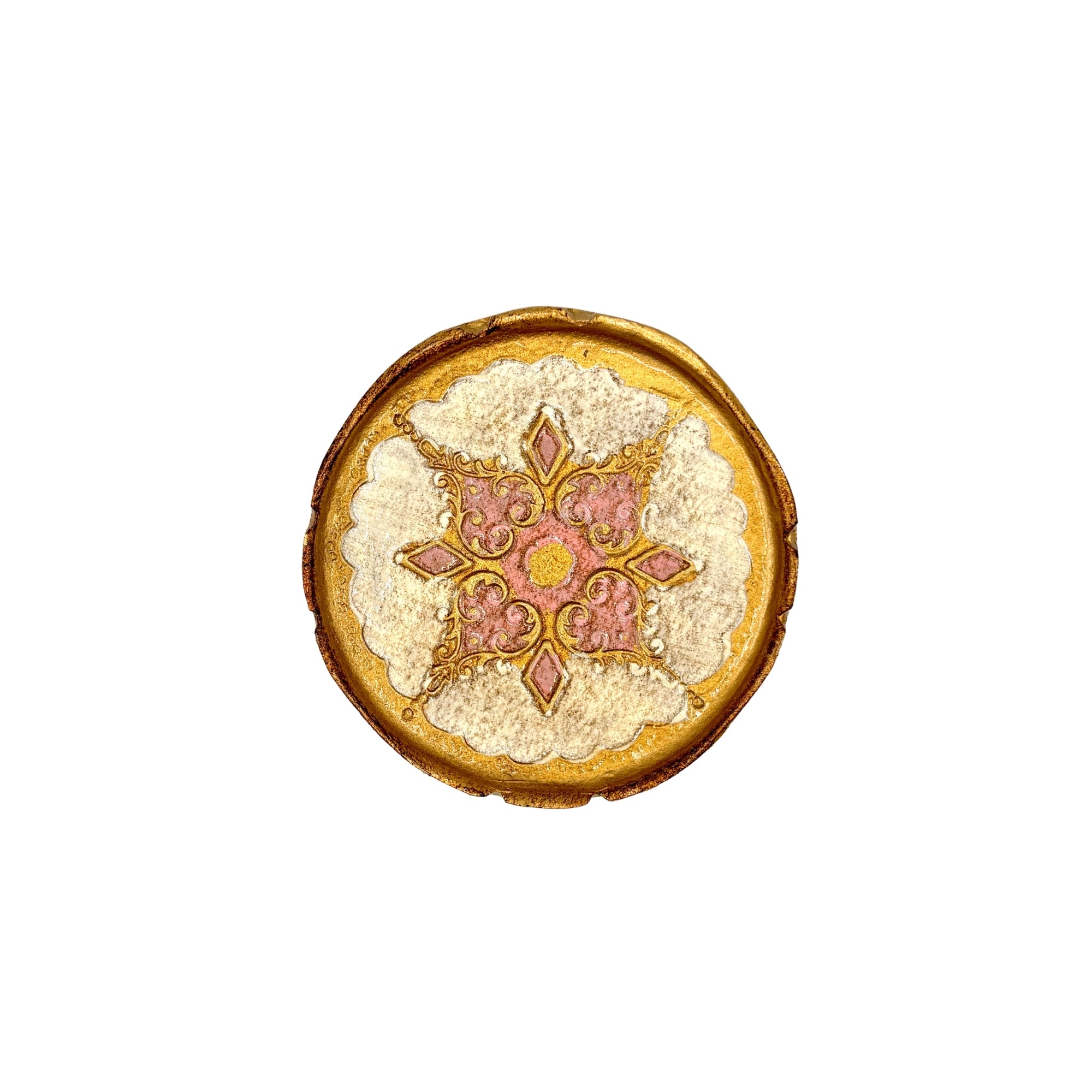 Sous-bouteille rond fait main 10 cm, motif floral rose et doré avec bordure dorée patinée