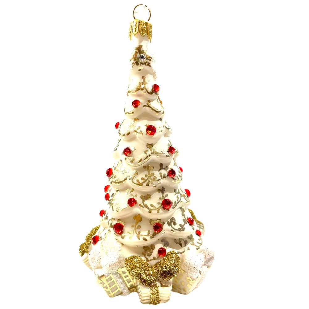 Sapin de Noël blanc en verre soufflé décoré de motifs dorés et perles rouges