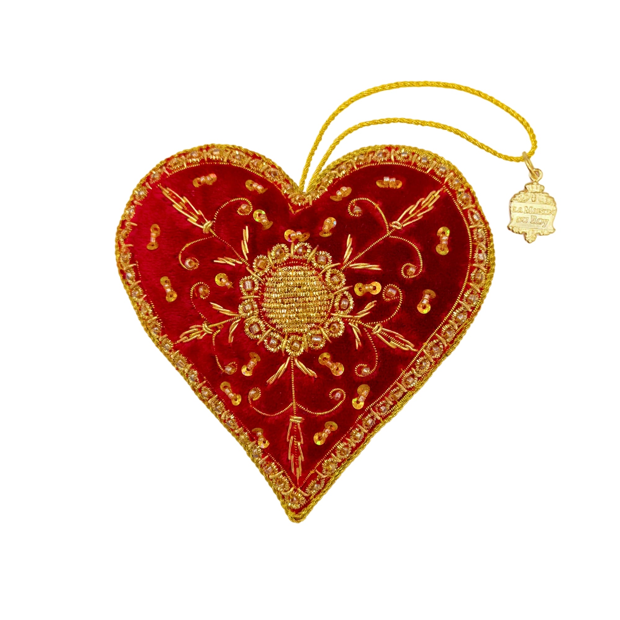 Cœur en velours rouge brodé de fils dorés et sequins, avec cordon de suspension