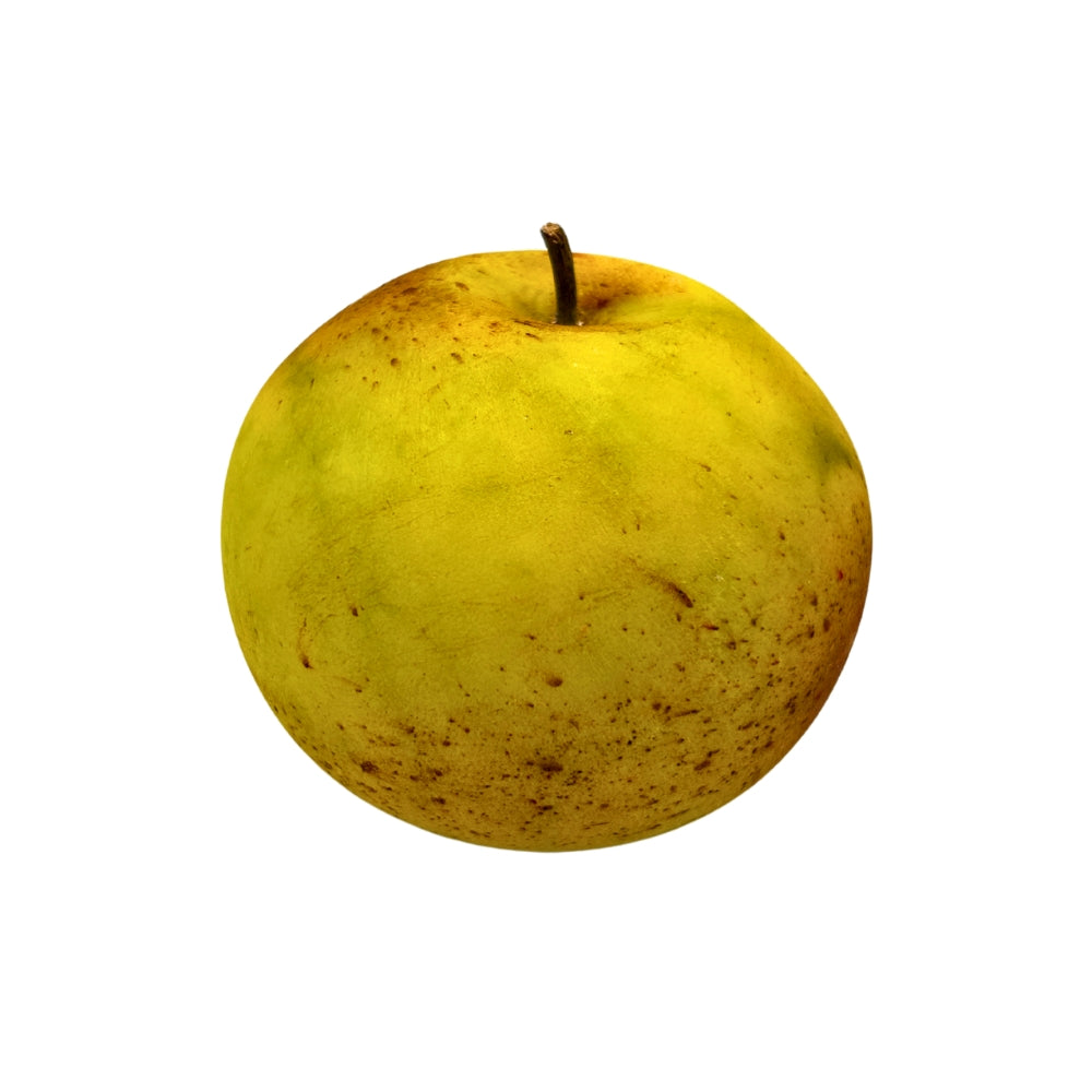 Pomme en marbre de Carrare jaune marbré avec nuances brunes et pédoncule