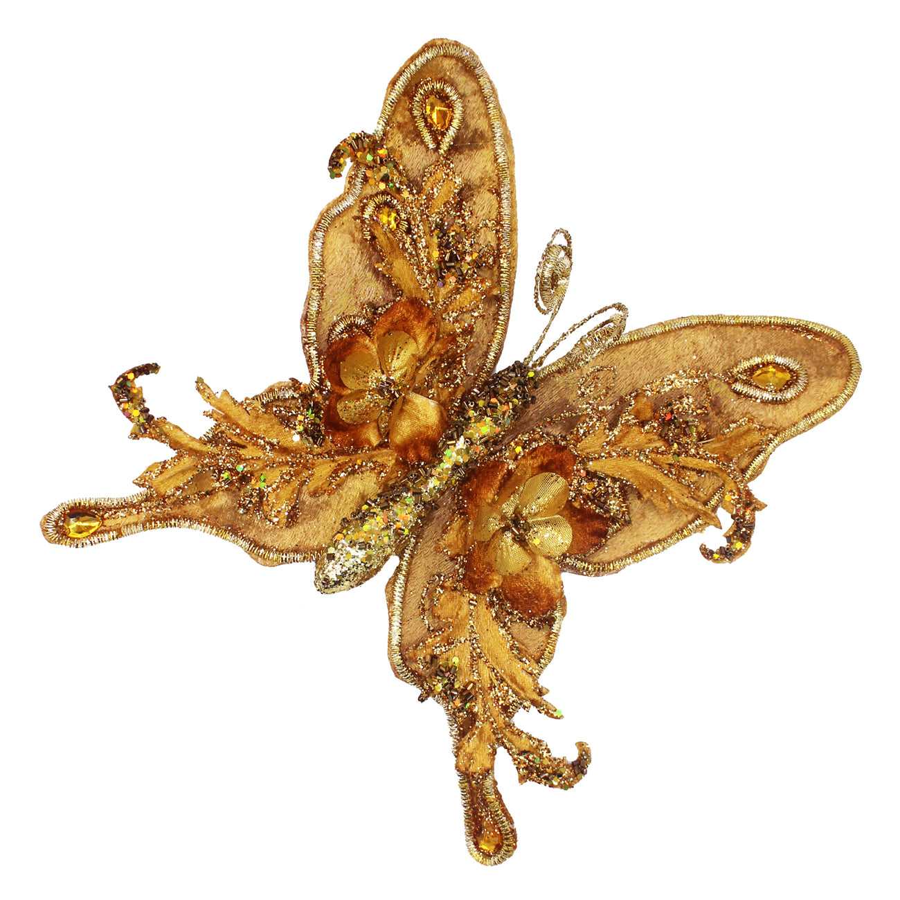 Papillon décoratif à pince doré, ailes brodées de sequins et perles