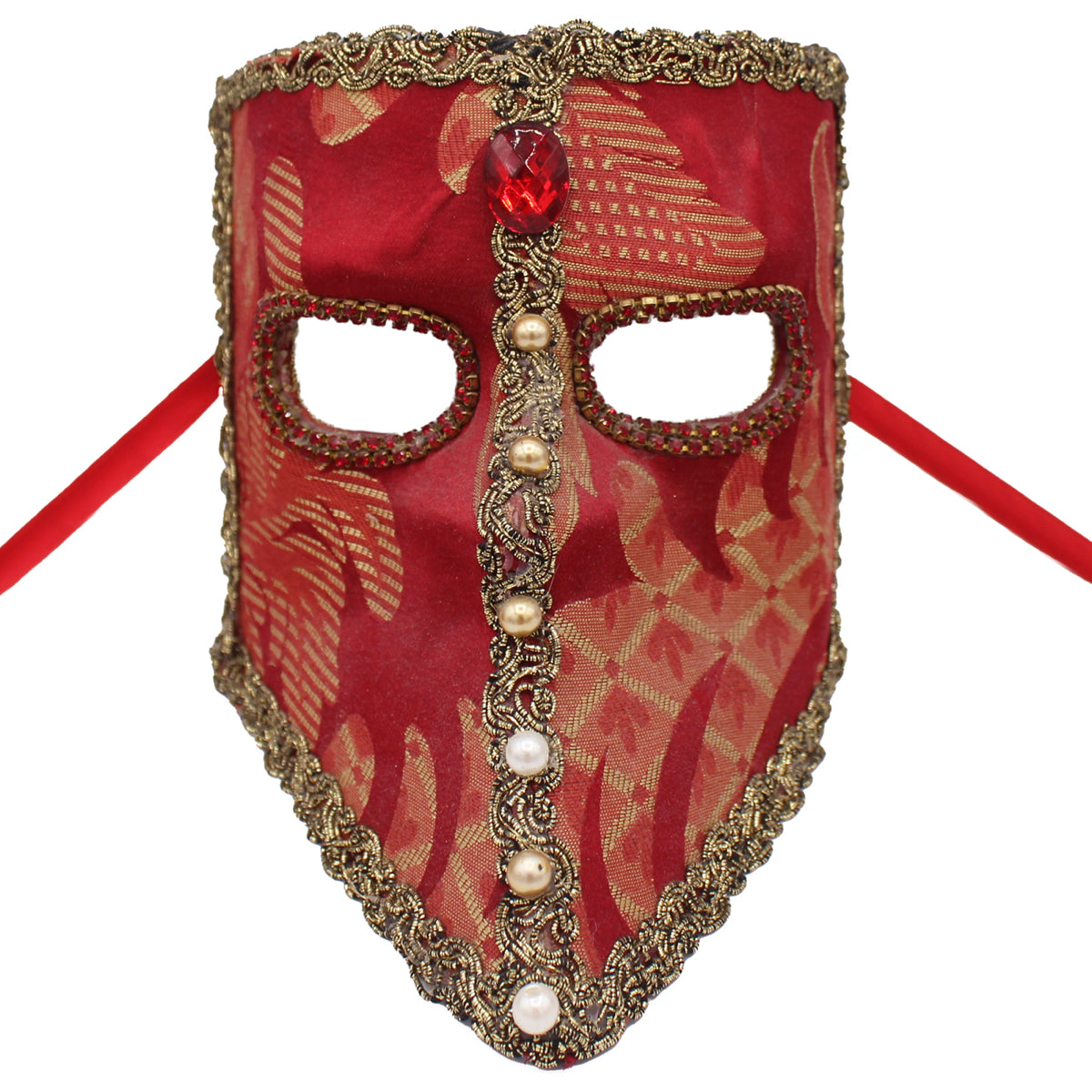 Masque vénitien Bauta rouge en tissu, galons dorés, perles et strass