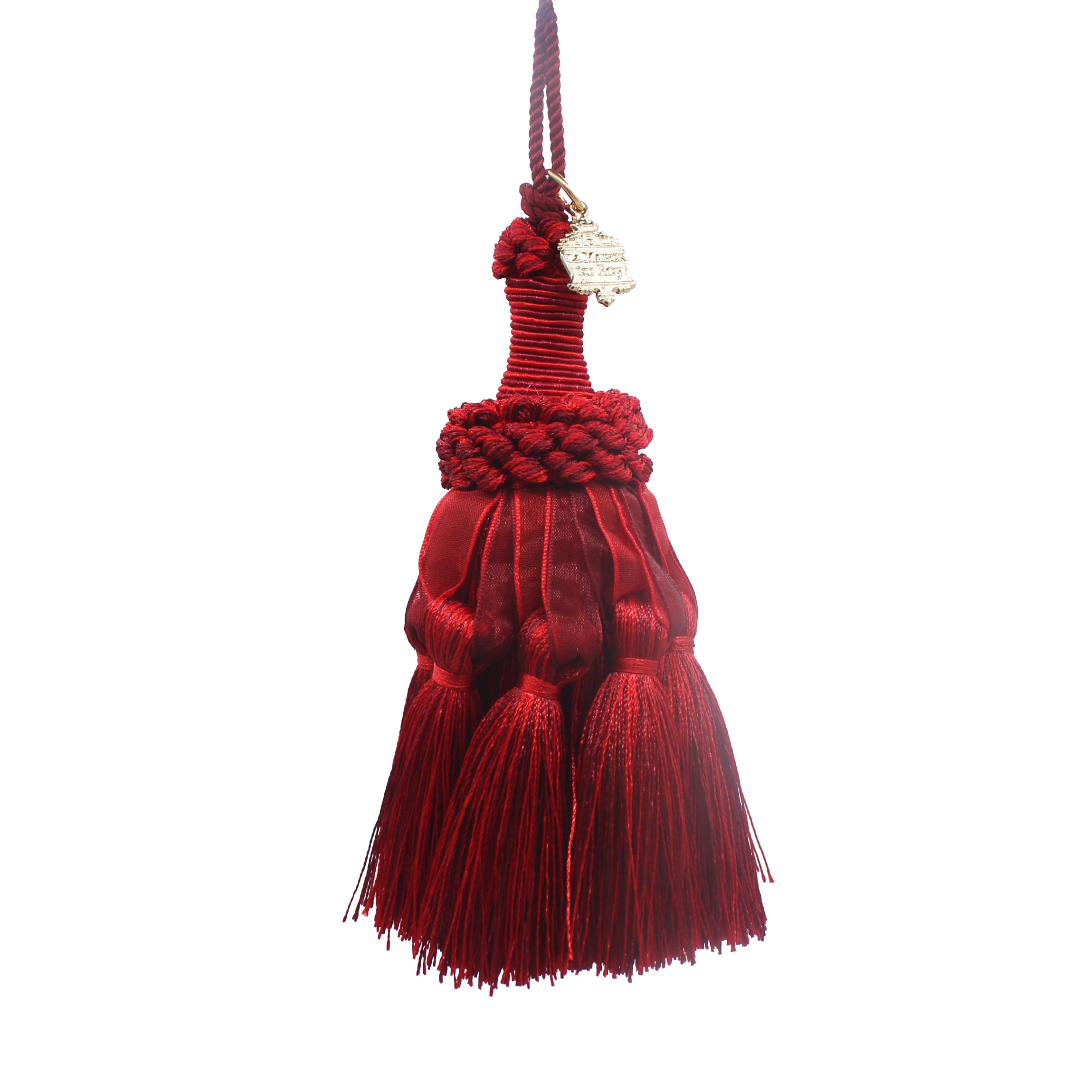 Pompon décoratif rouge et bordeaux en coton, avec rubans en organza et écusson doré