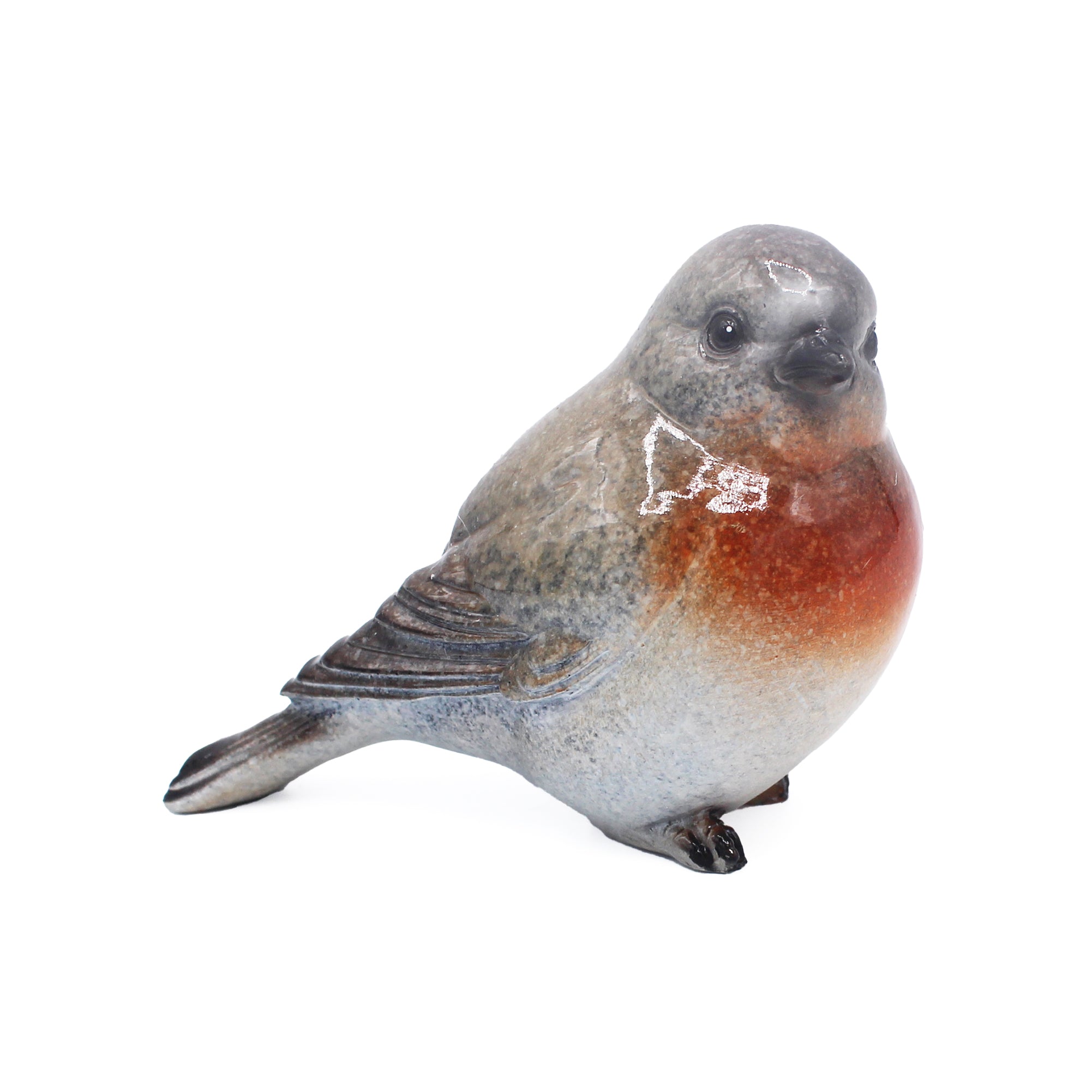 Oiseau décoratif en résine gris et orange, posé de profil