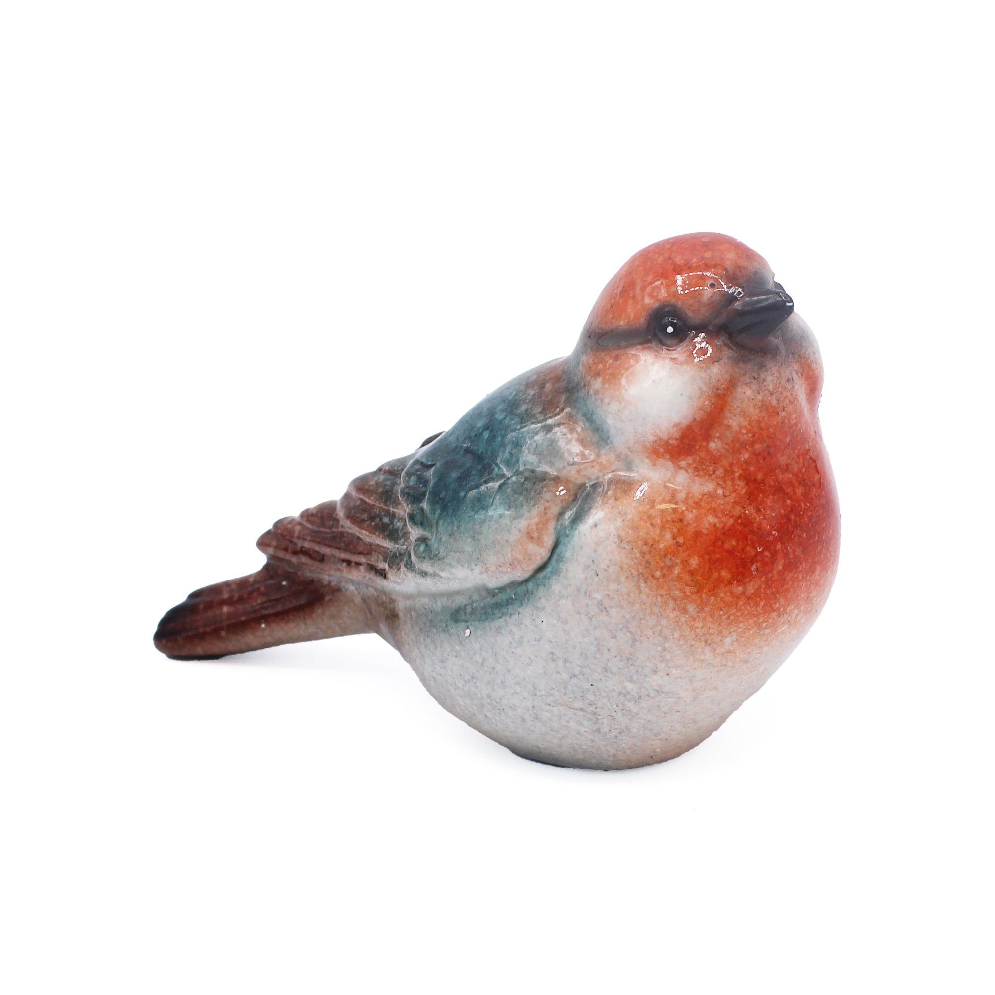 Petit oiseau décoratif en résine bleu, orange et gris à poser
