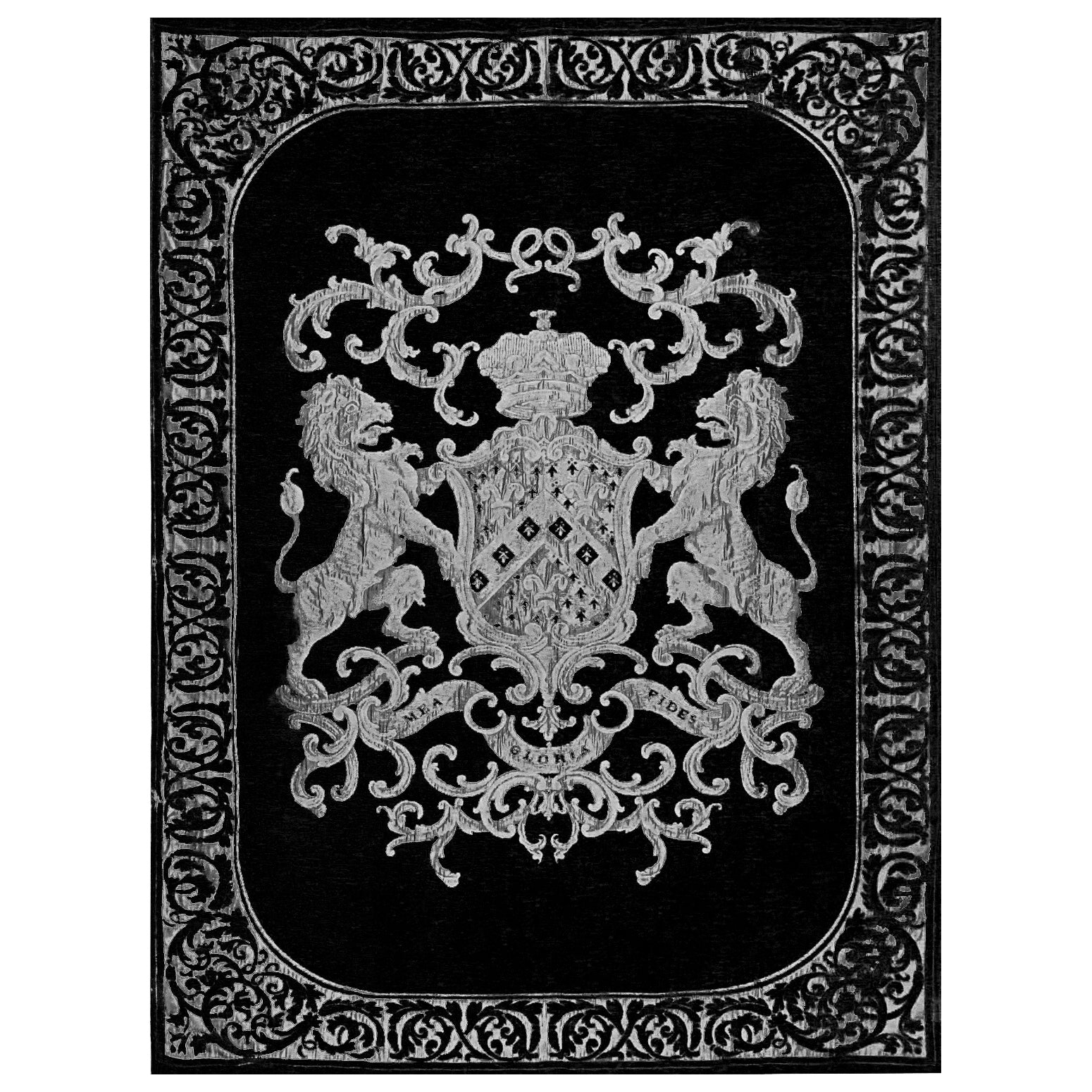 Plaid jacquard noir et argenté à blason couronné, bordure ornée de lions